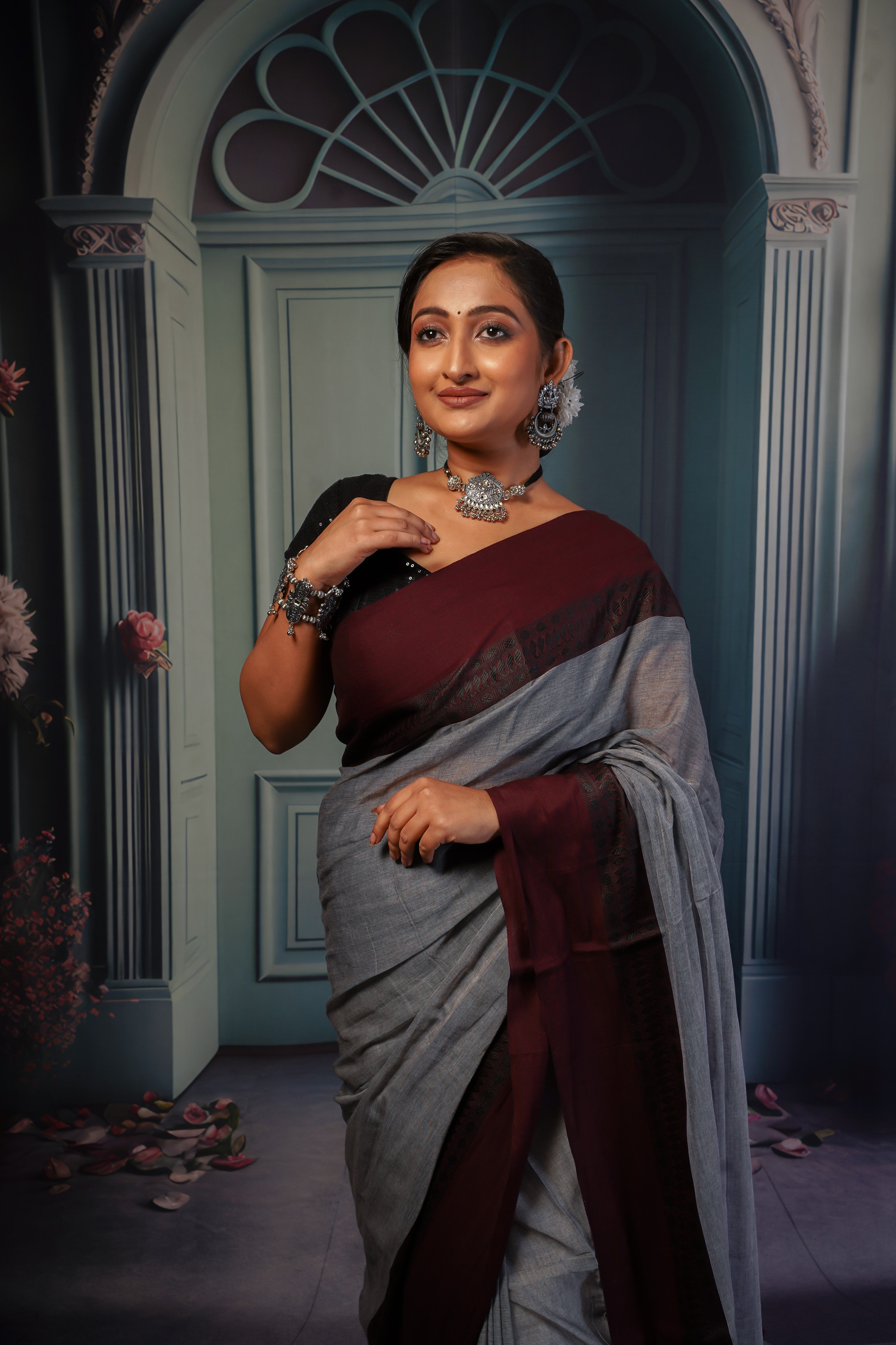 Grey & Maroon pure mulmul cotton saree