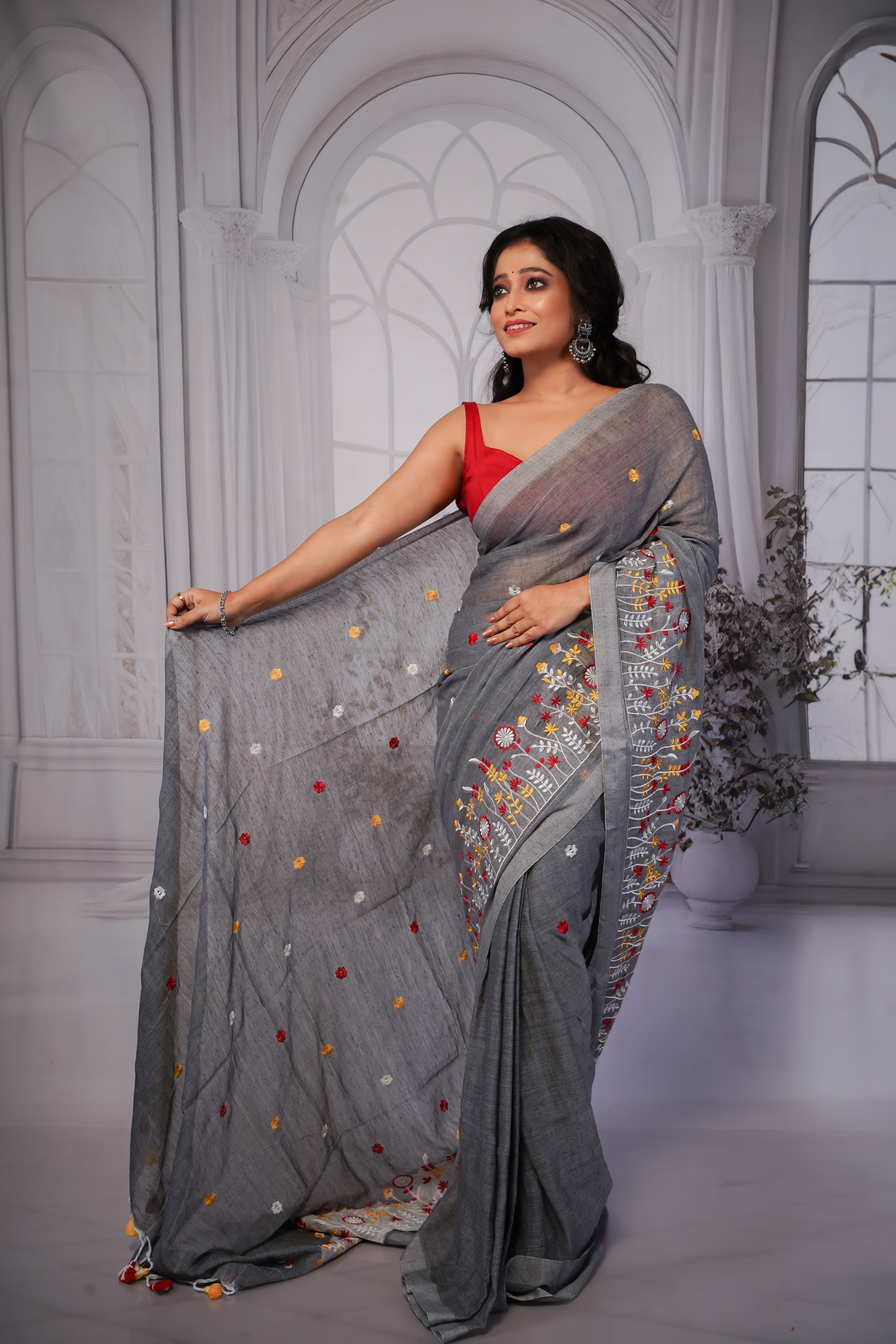 Grey pure khadi cotton embroidered saree