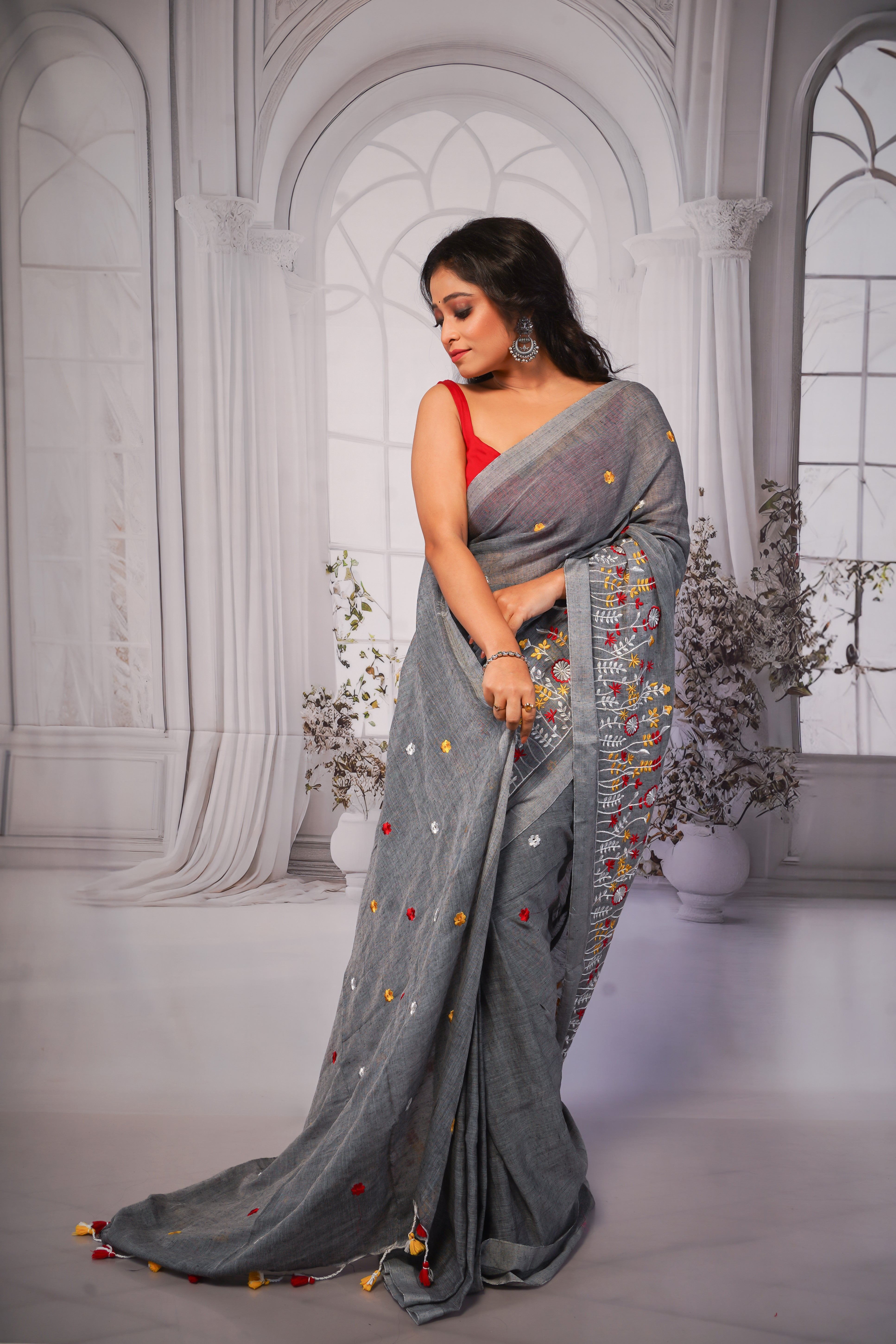 Grey pure khadi cotton embroidered saree