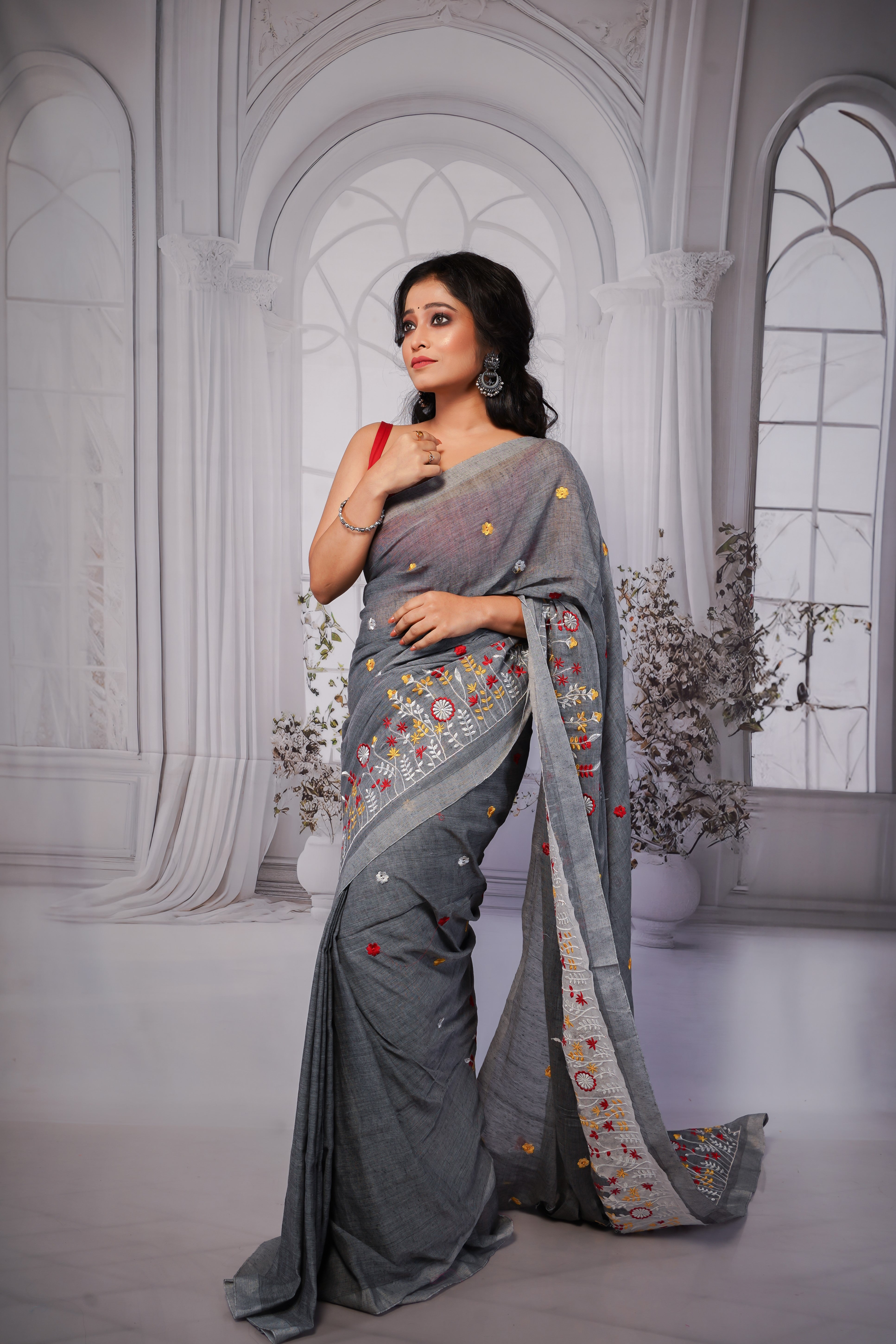 Grey pure khadi cotton embroidered saree