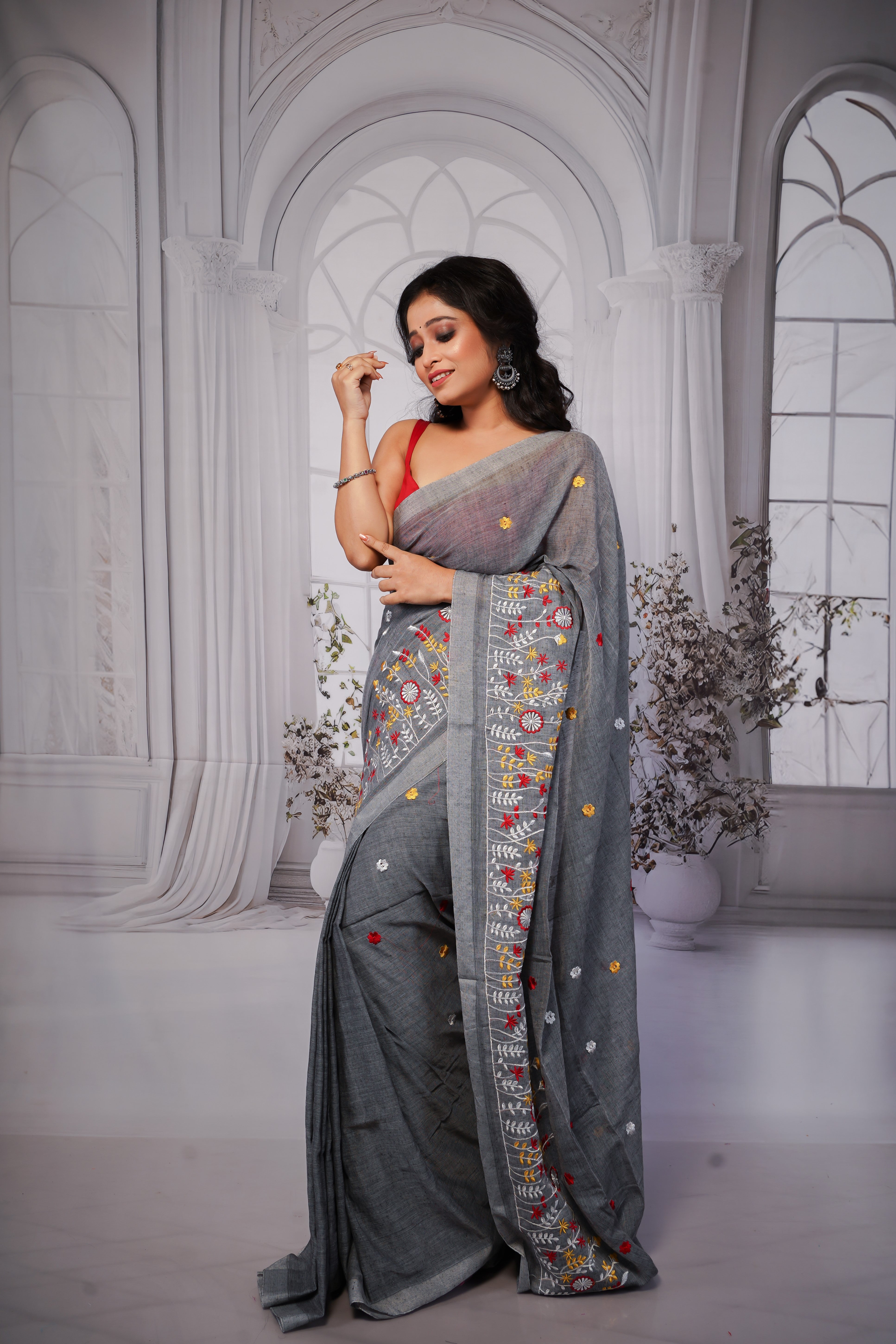 Grey pure khadi cotton embroidered saree