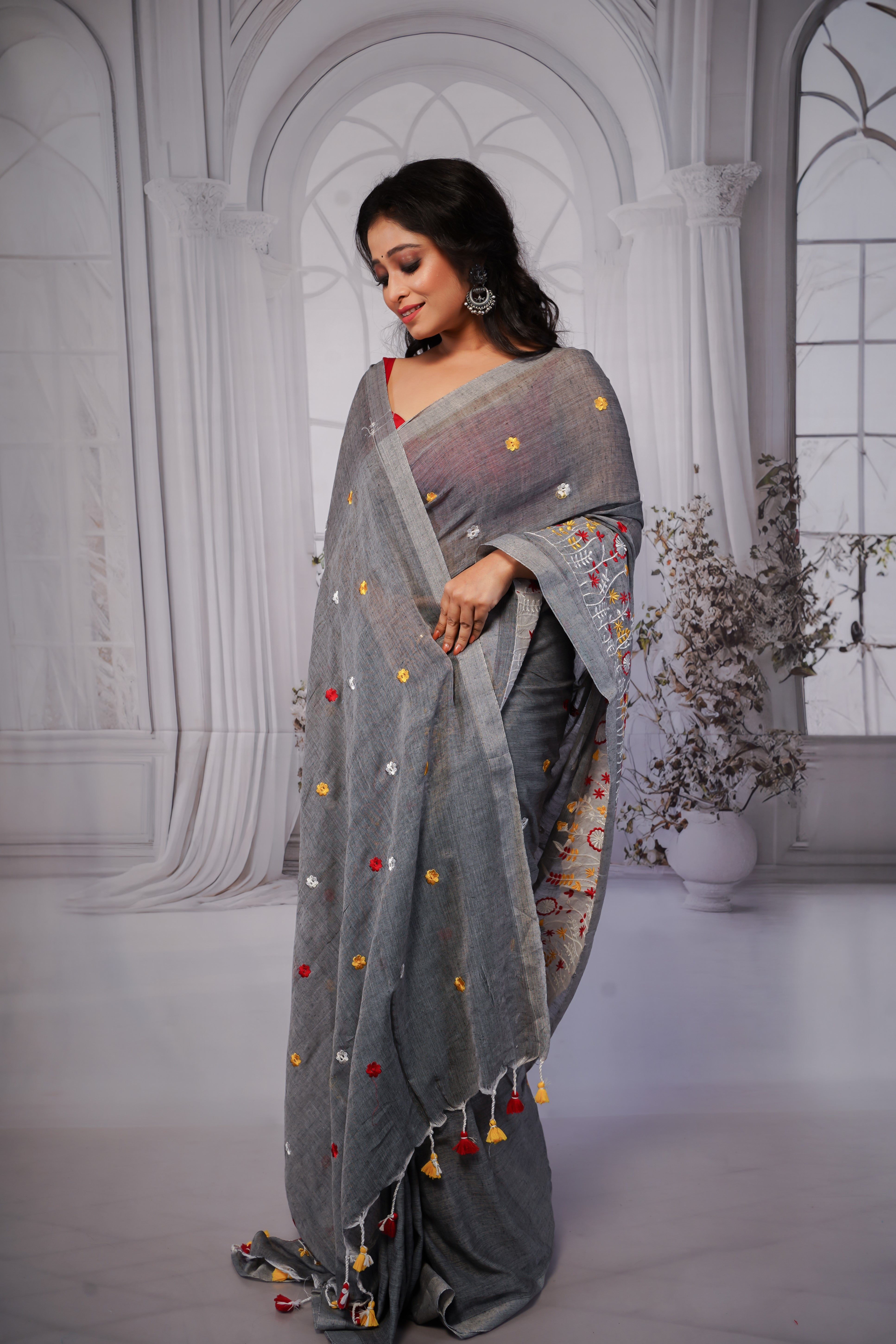 Grey pure khadi cotton embroidered saree