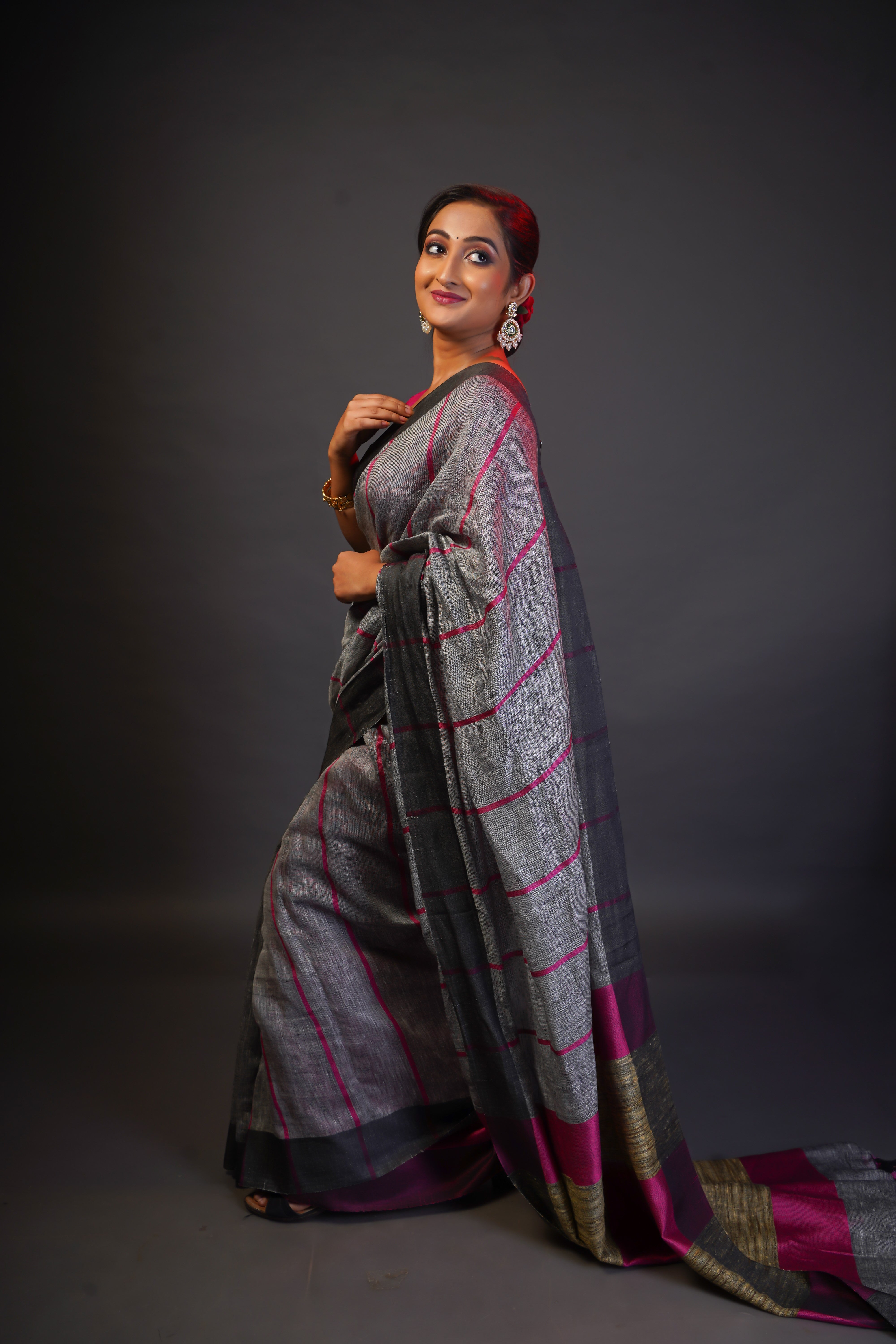 Grey pure linen all over striped saree