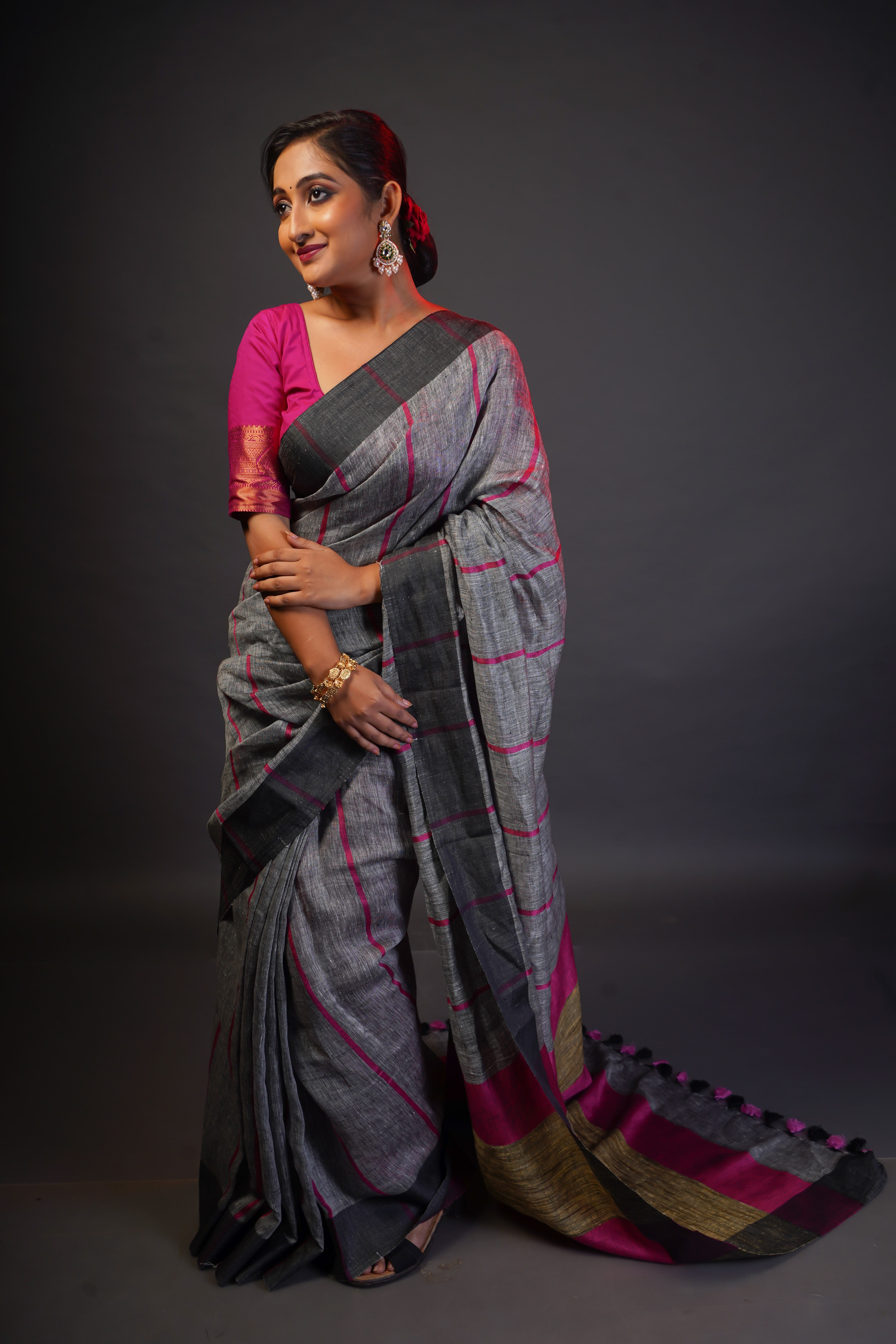 Grey pure linen all over striped saree