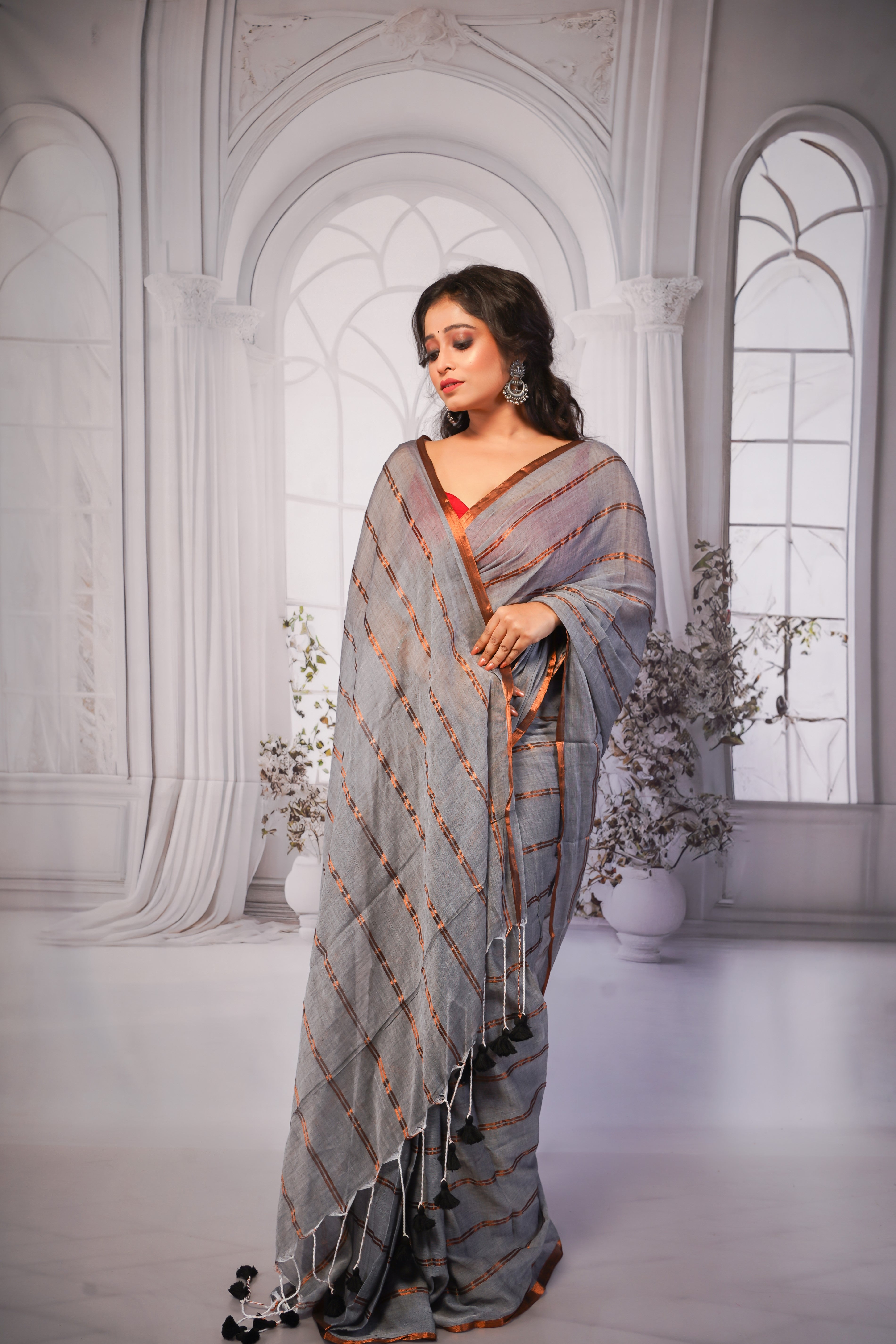 Grey striped mulmul cotton saree