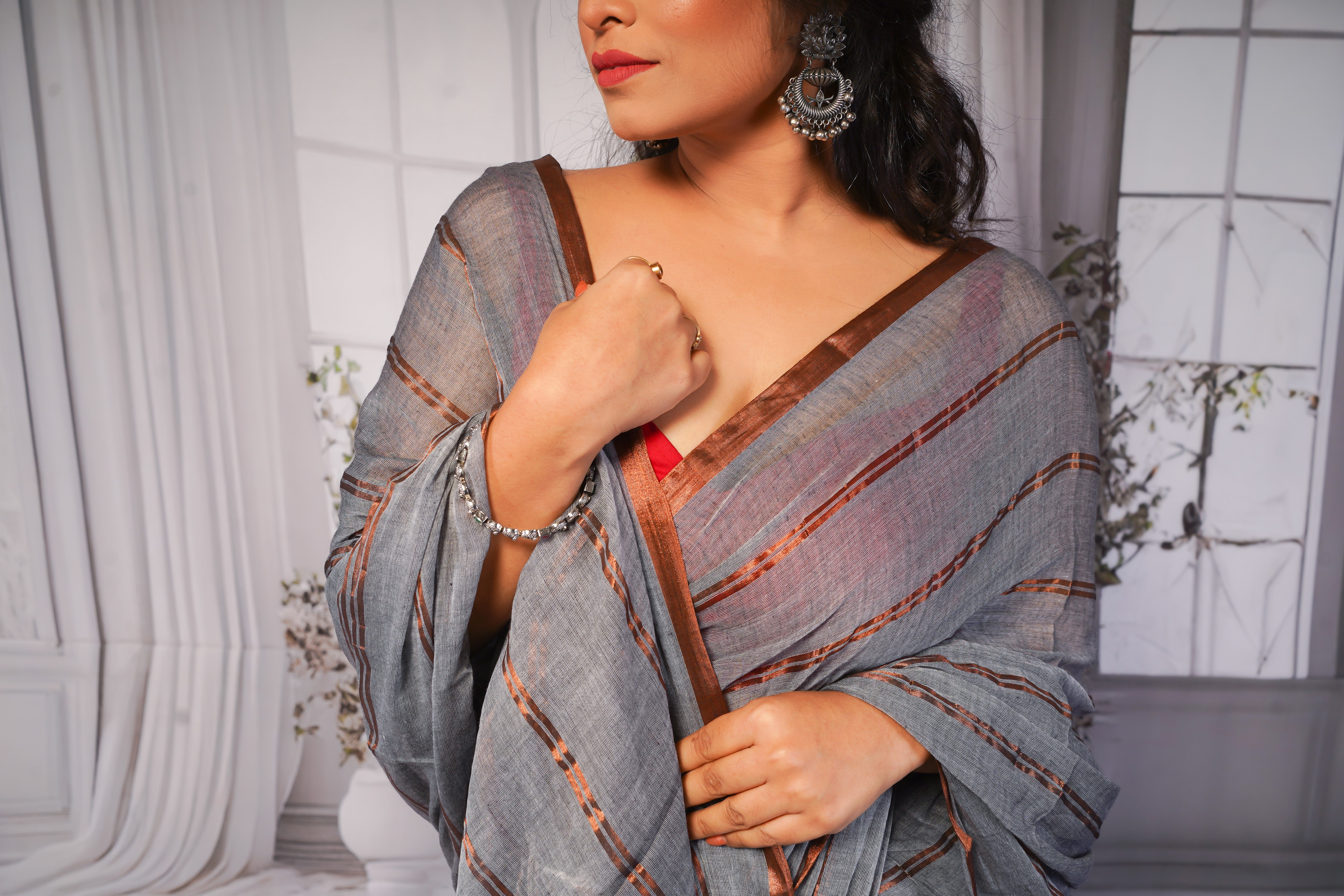 Grey striped mulmul cotton saree