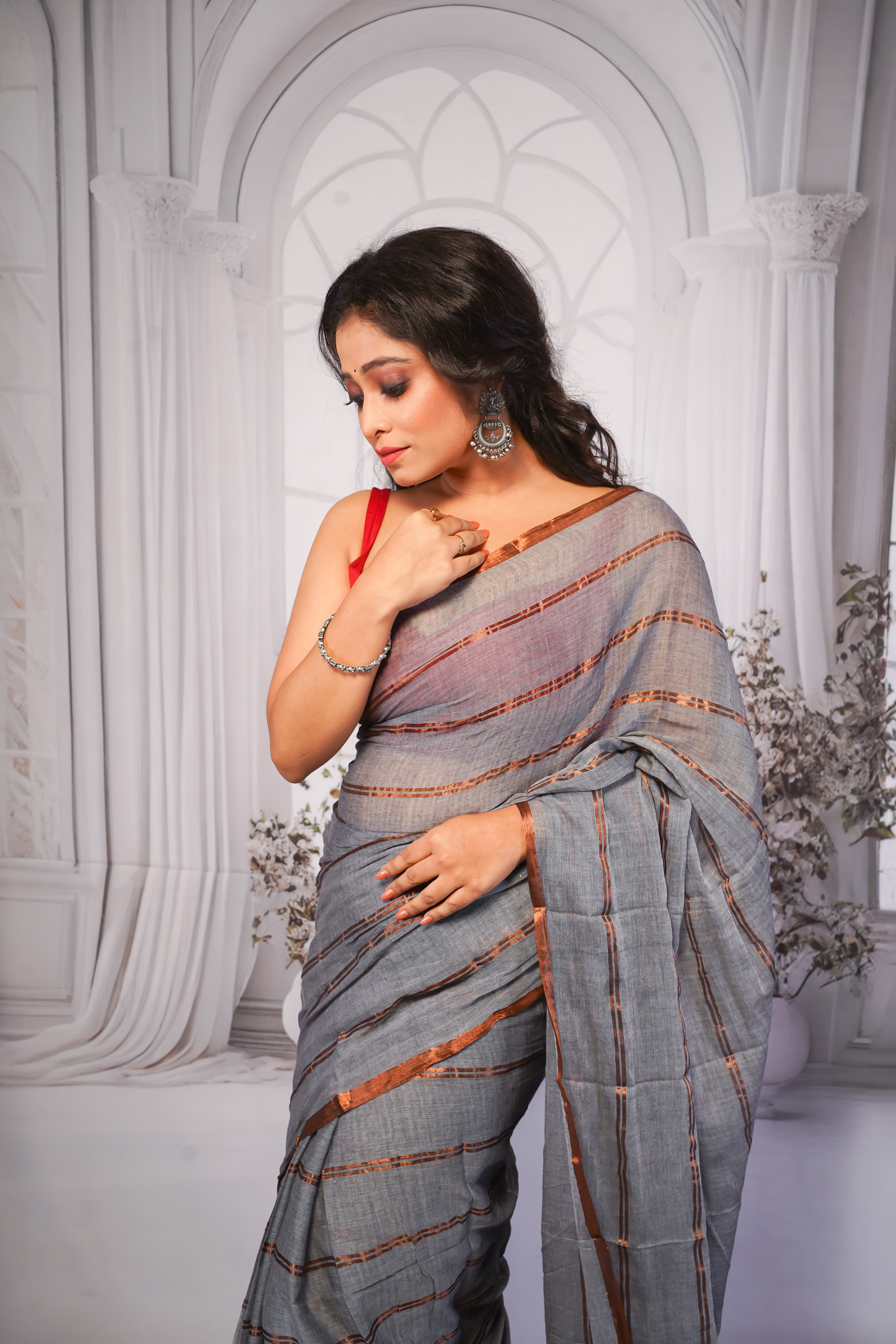 Grey striped mulmul cotton saree