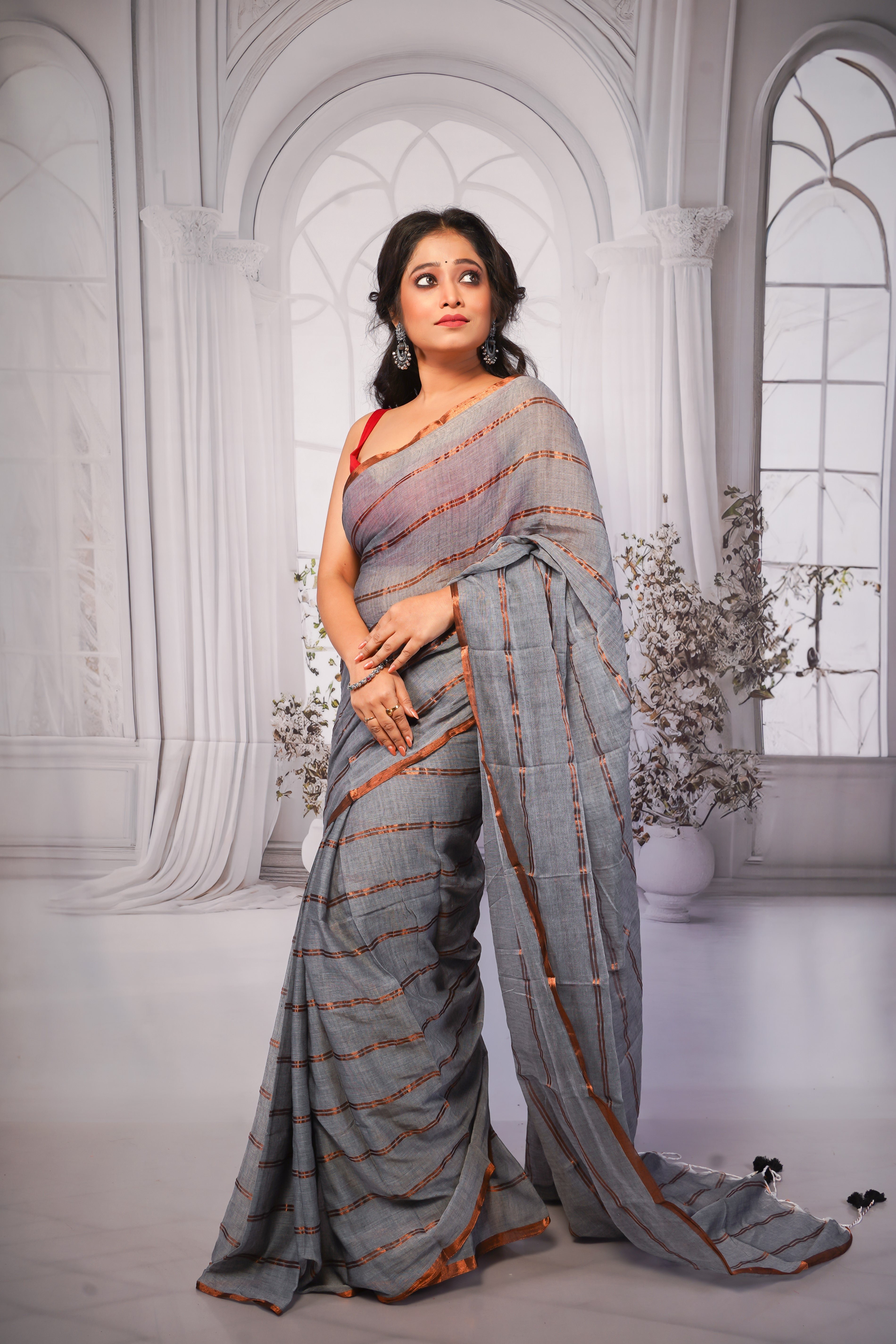 Grey striped mulmul cotton saree