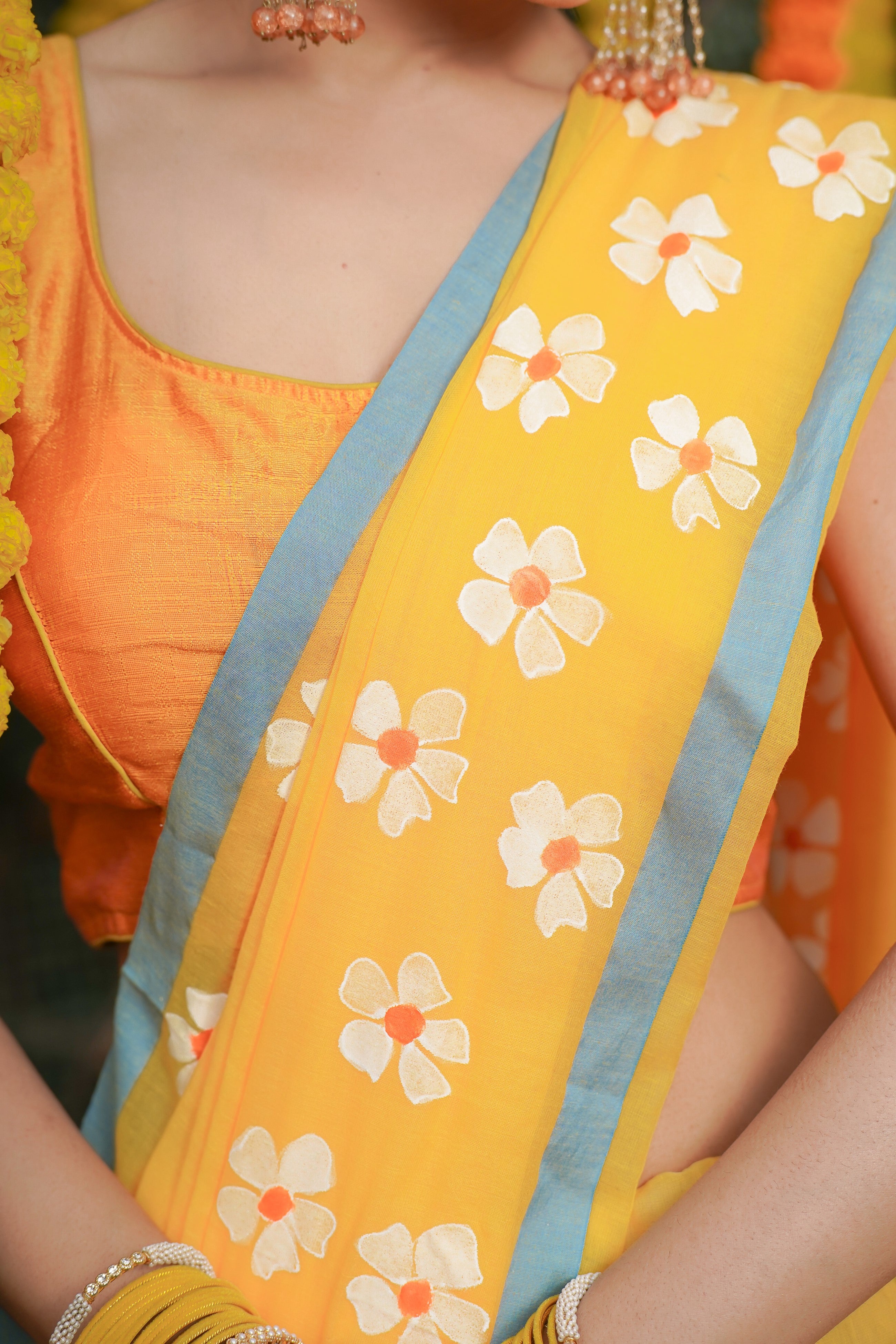 Hand Printed Mulmul Cotton Saree-Yellow