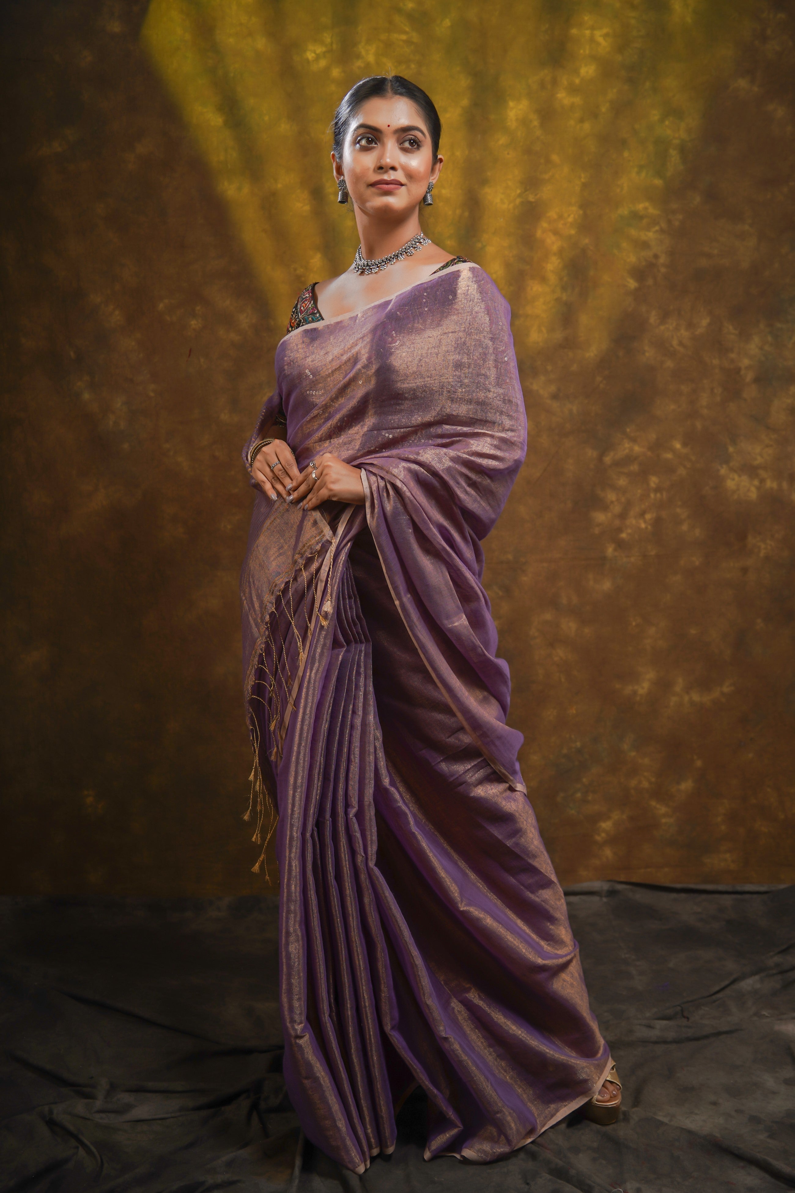 Heather Purple Dual Tone Pure Tissue Linen Saree