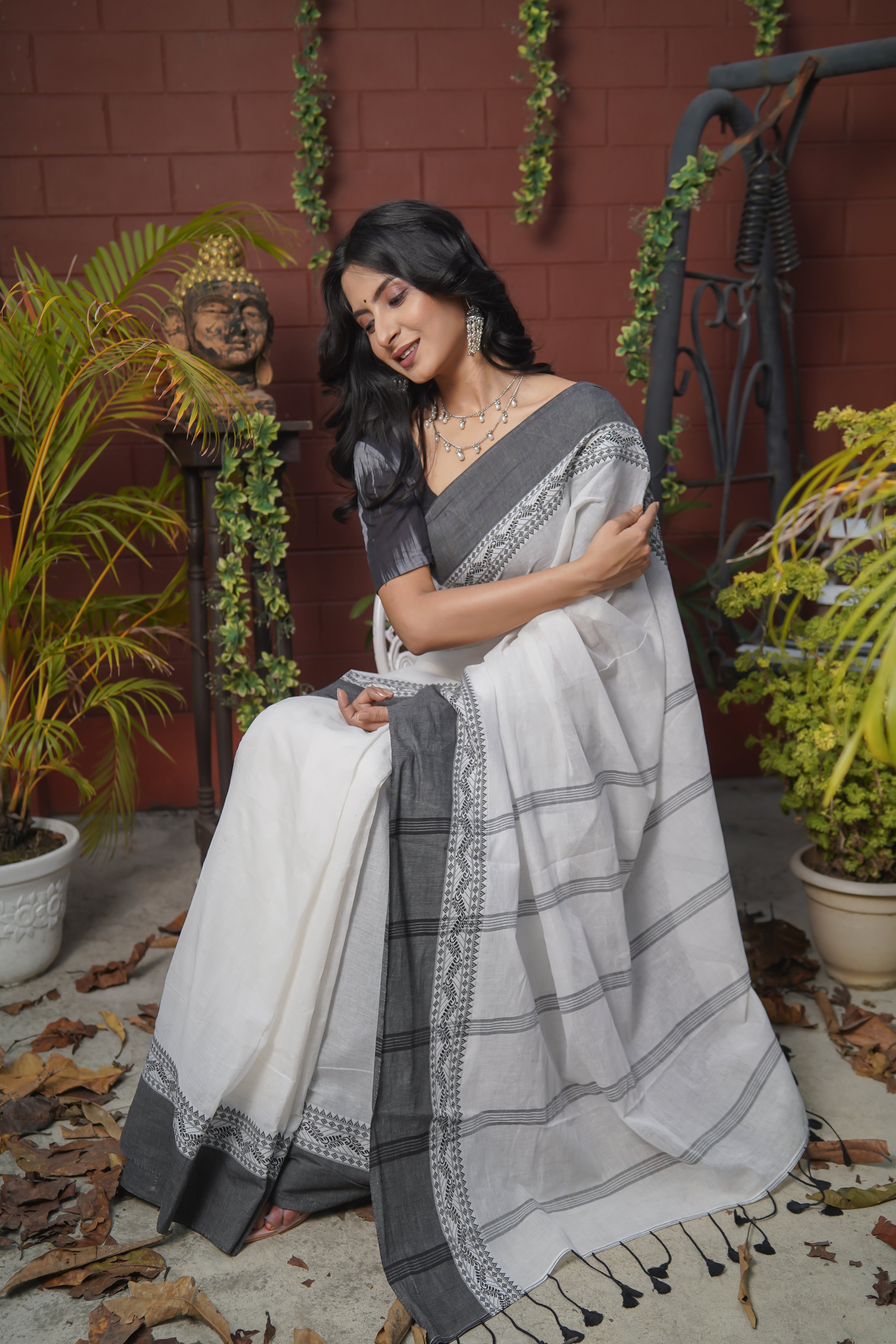 White & grey pure mulmul cotton saree