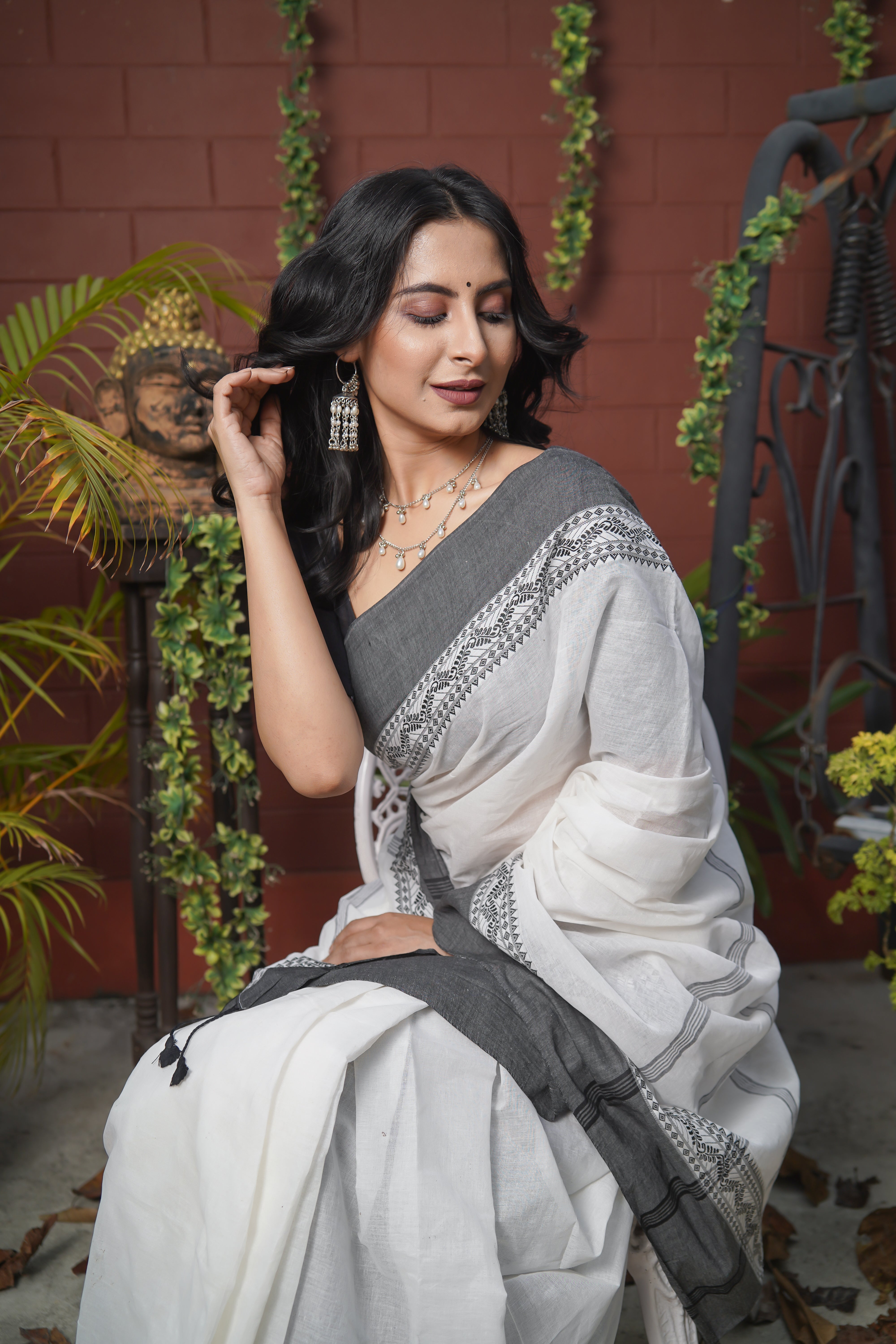 White & grey pure mulmul cotton saree