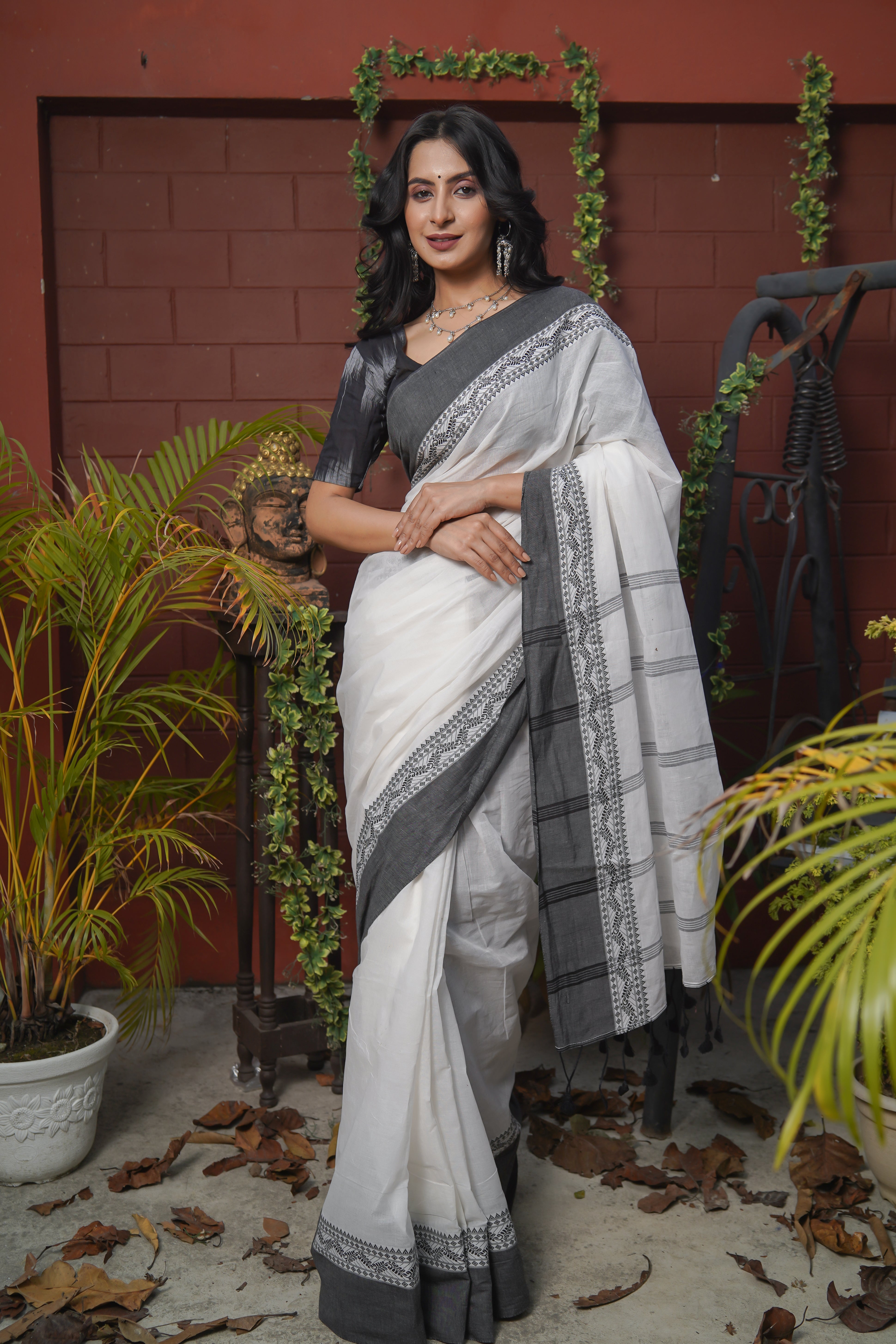 White & grey pure mulmul cotton saree