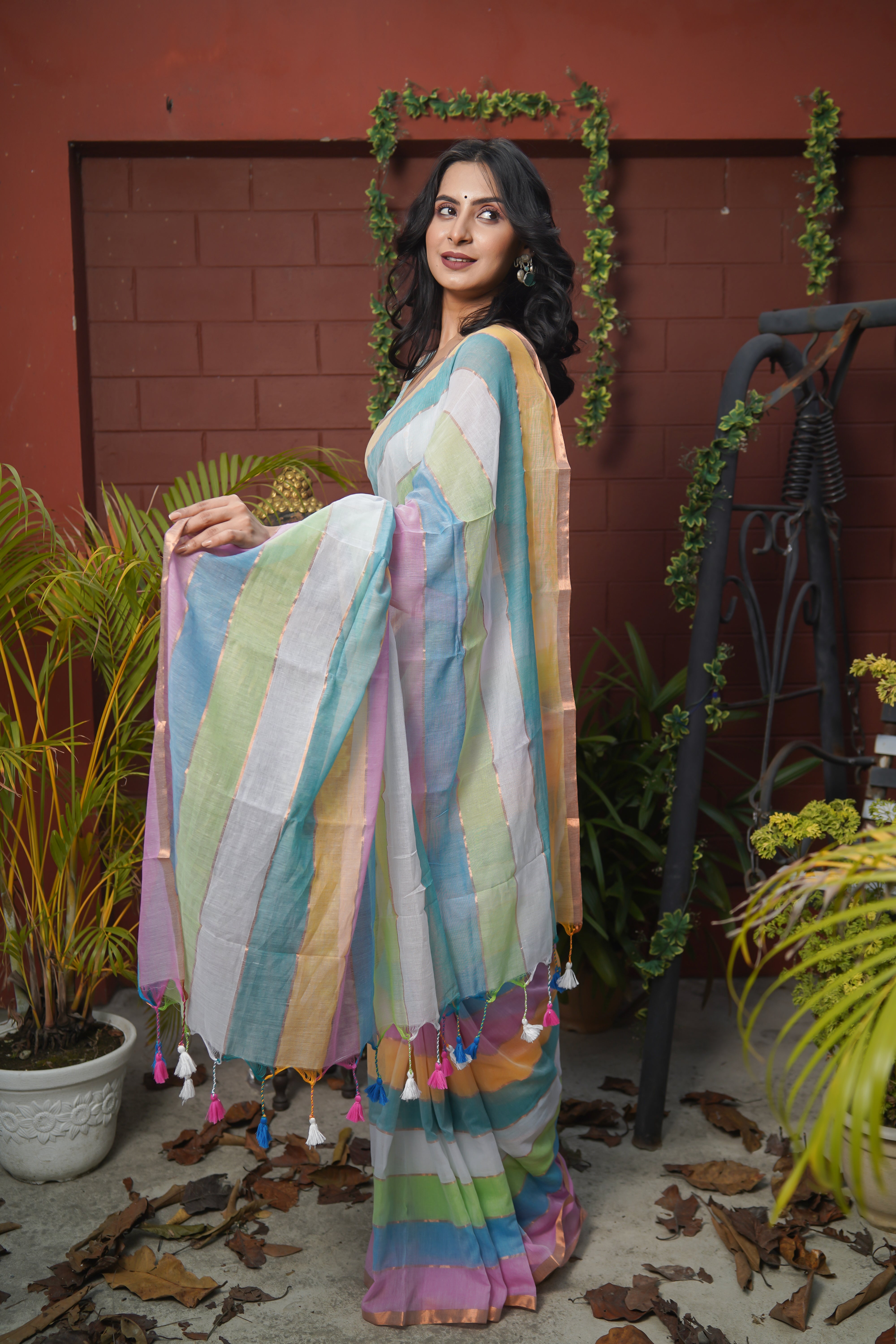 Multicolour Rainbow mulmul cotton saree