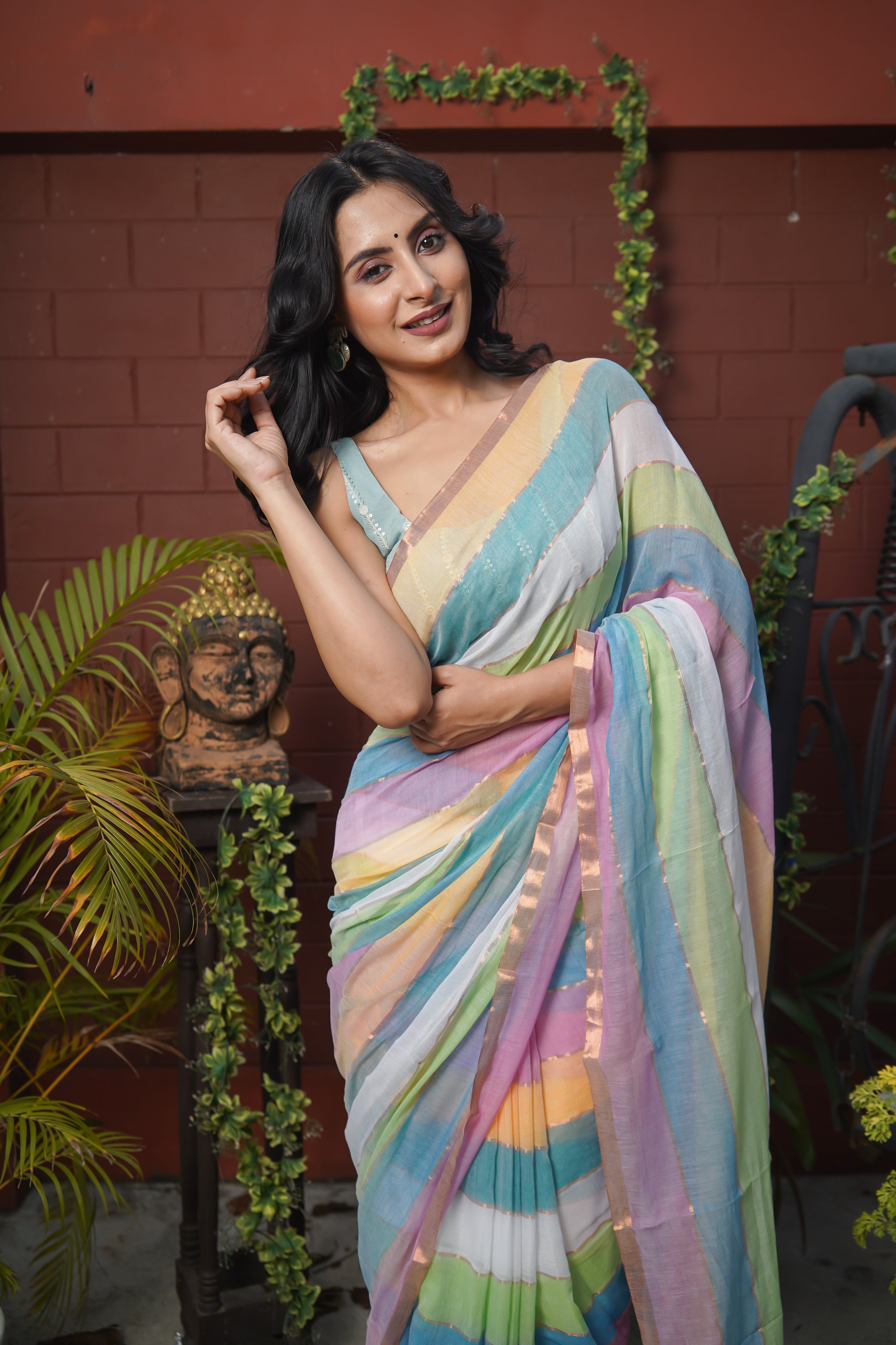 Multicolour Rainbow mulmul cotton saree