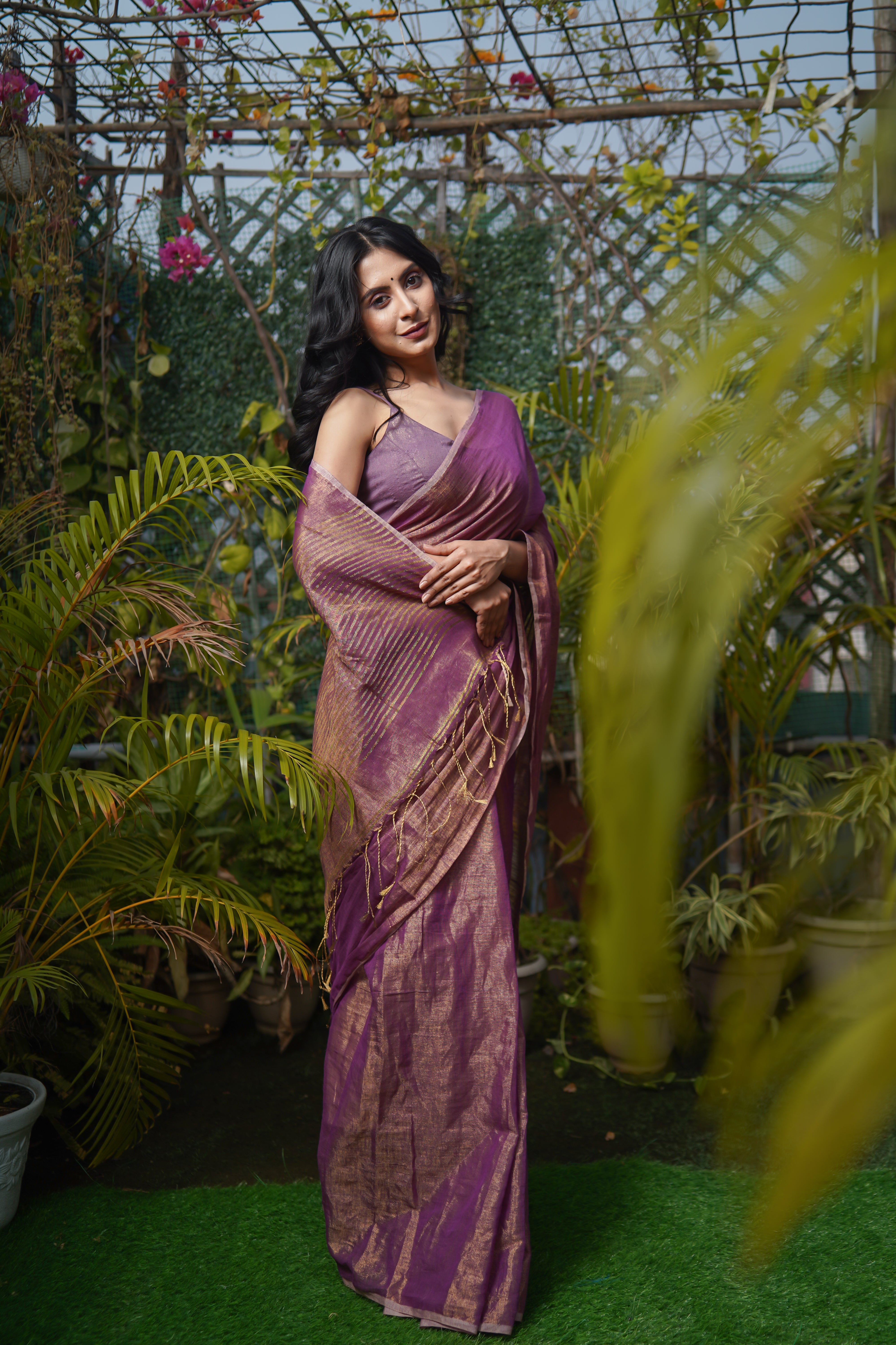 Dark Copper Dual Tone Tissue Saree