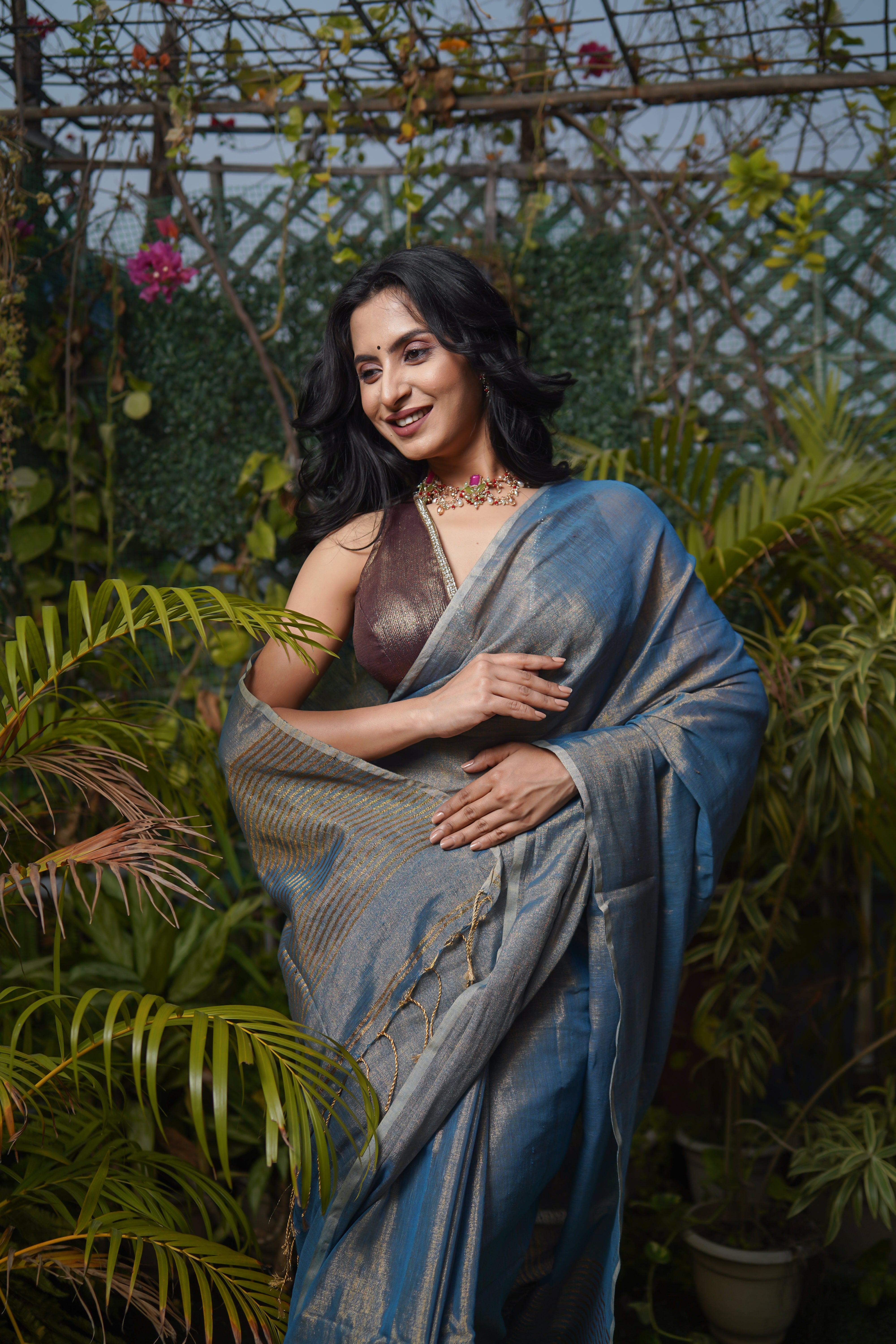 Silver Blue Dual Tone Tissue Saree