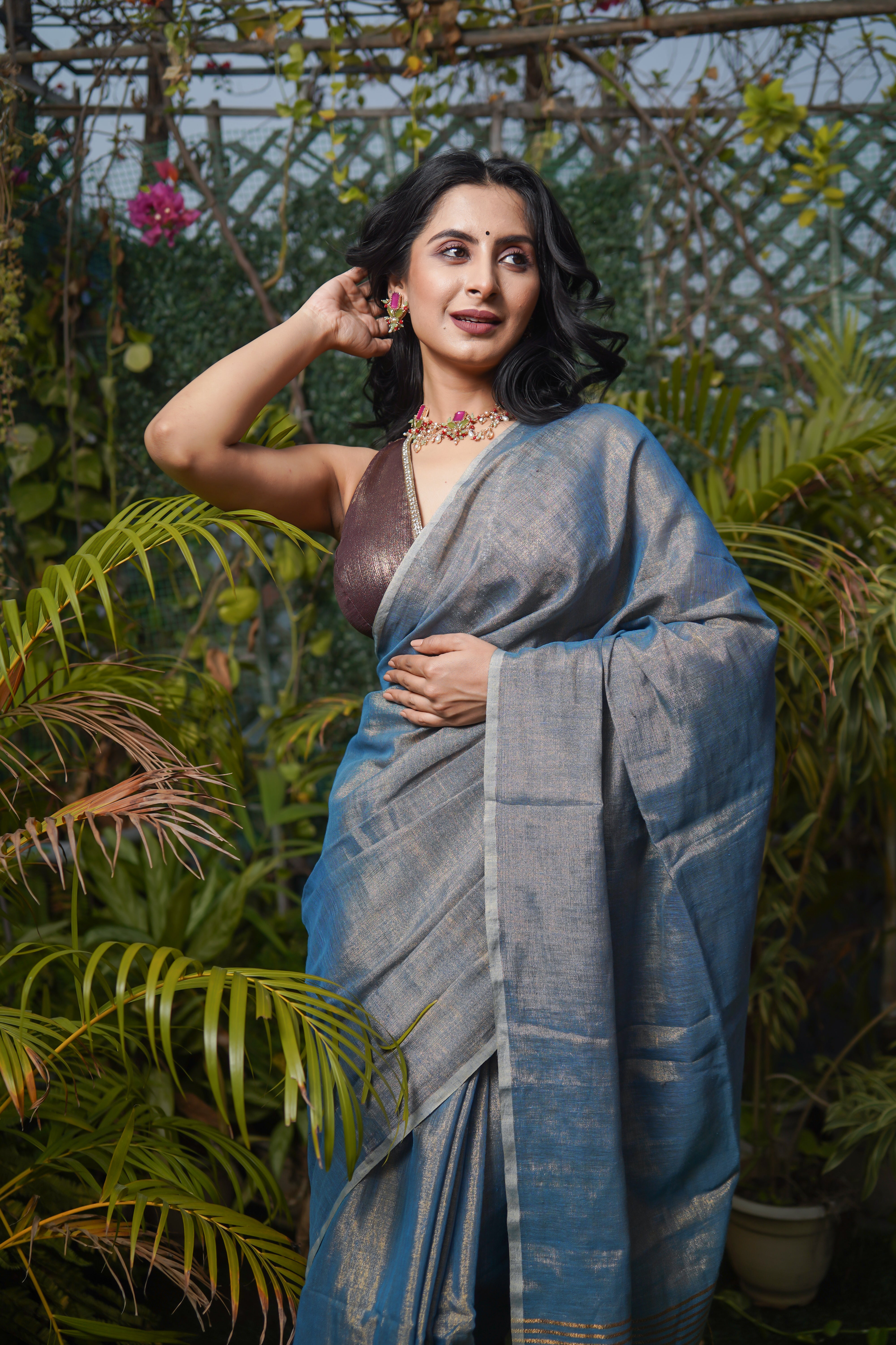 Silver Blue Dual Tone Tissue Saree