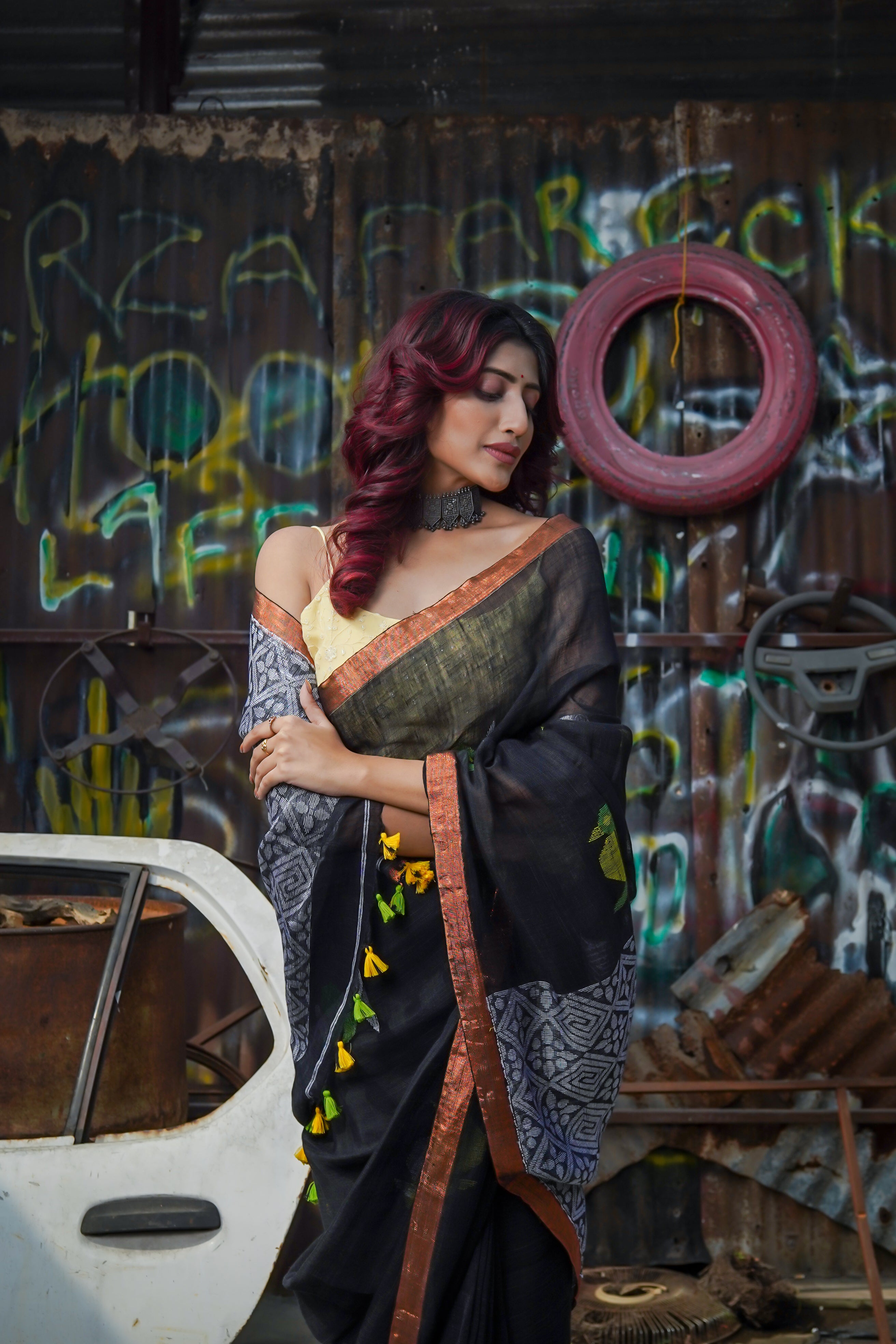 Handwoven Black Linen Jamdani Saree with Penguin Animal Print