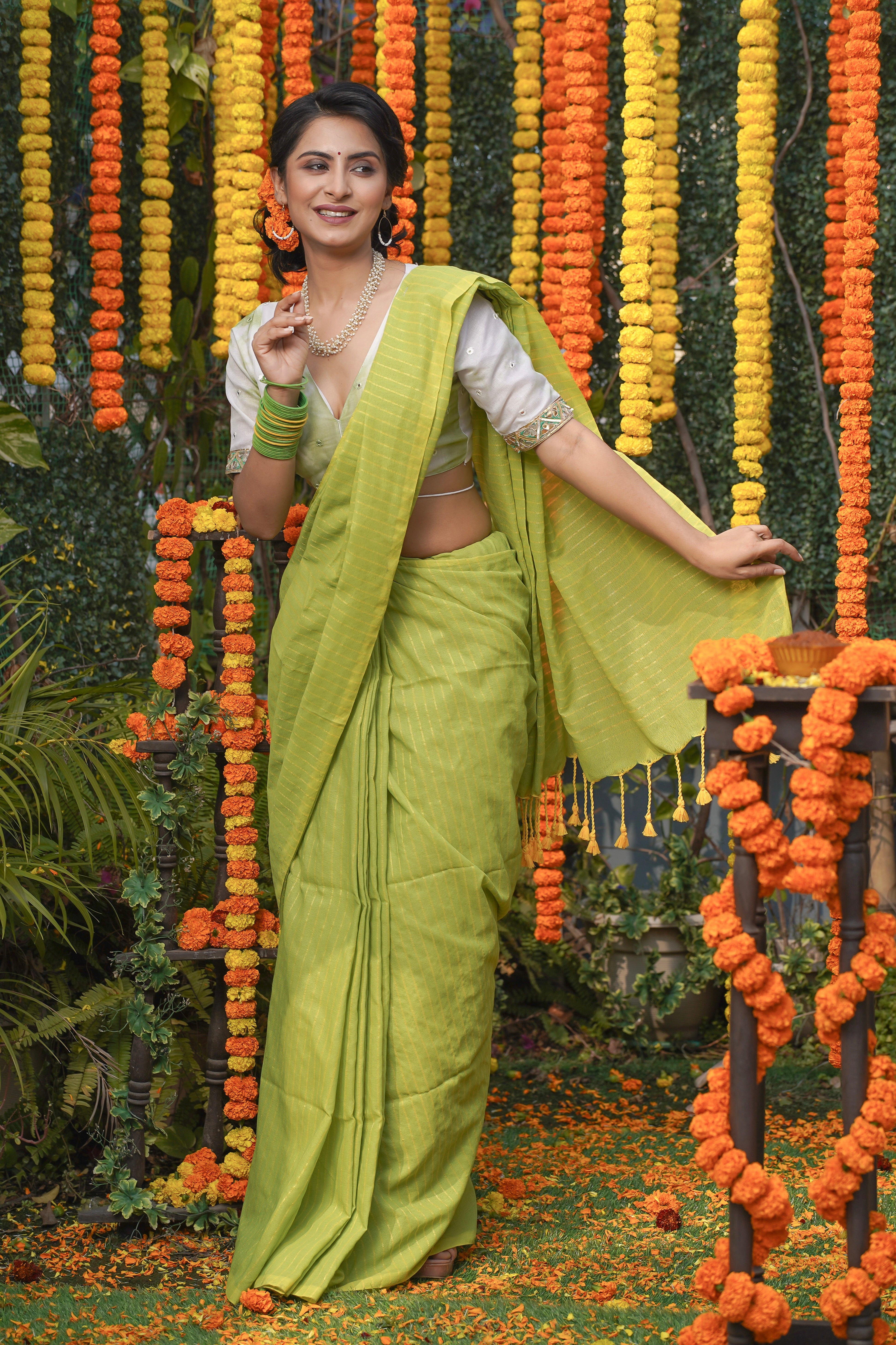 Khadi Cotton yellow Striped Saree - lime Green