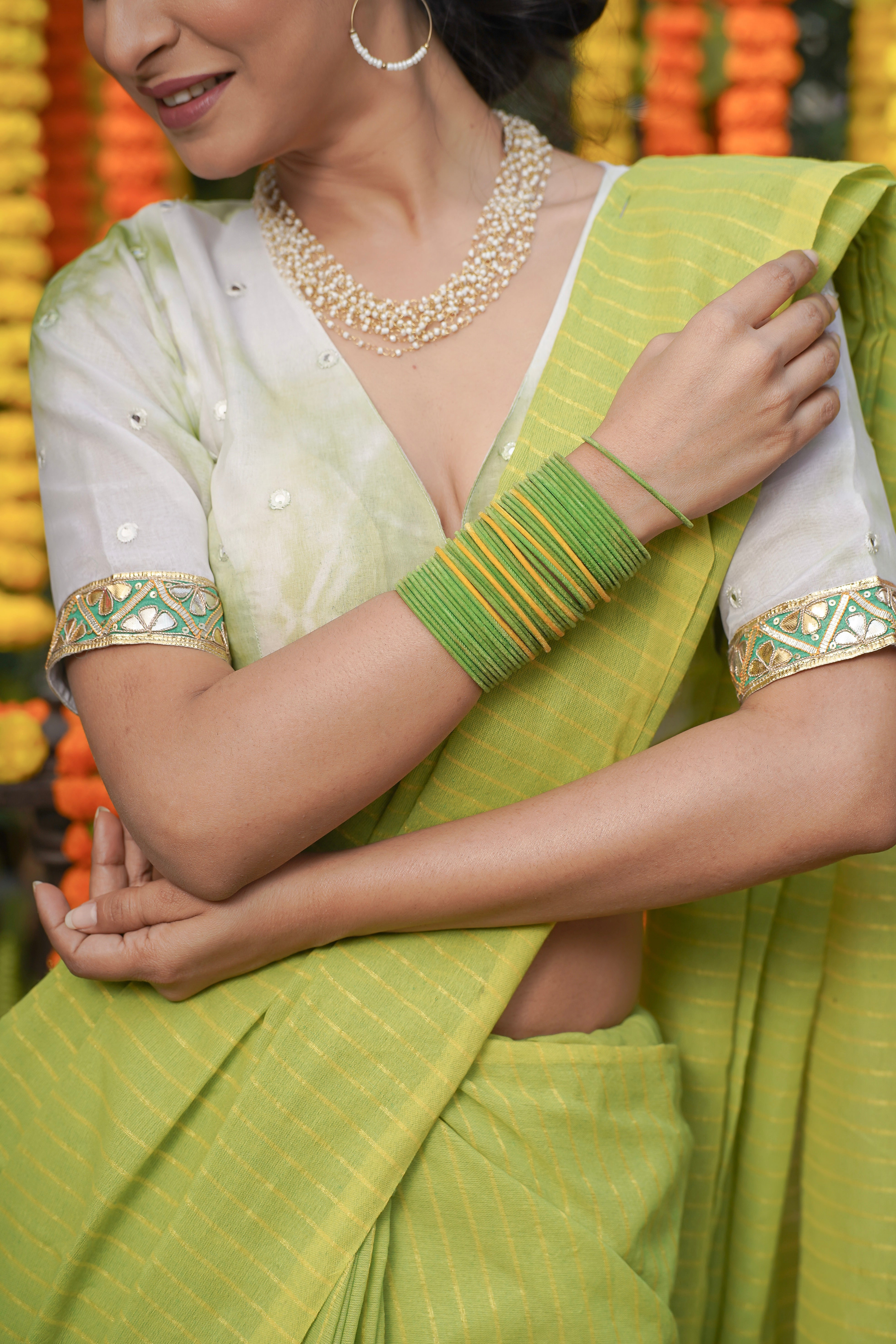 Khadi Cotton yellow Striped Saree - lime Green