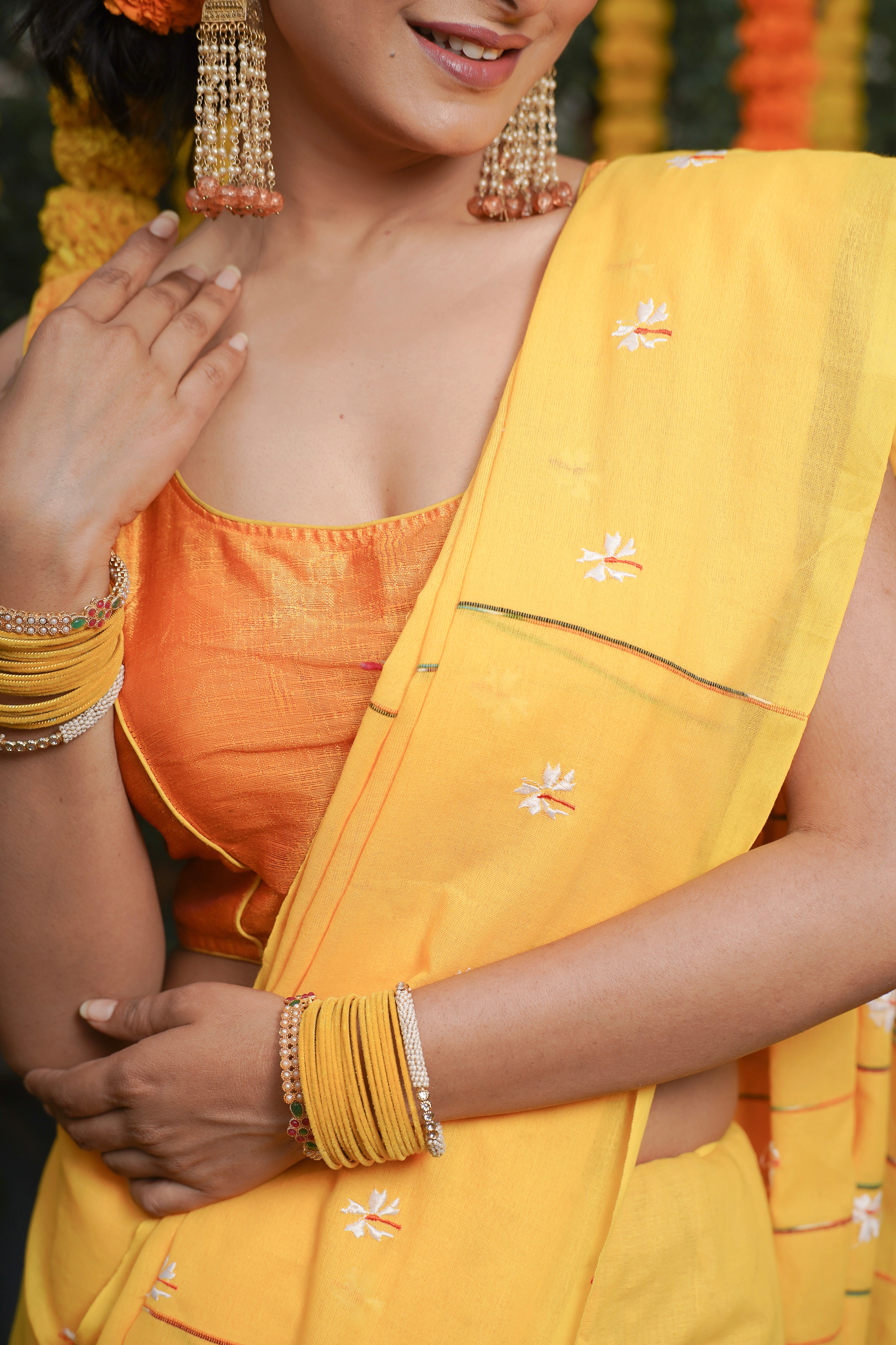 Yellow khadi Cotton embroidered Saree