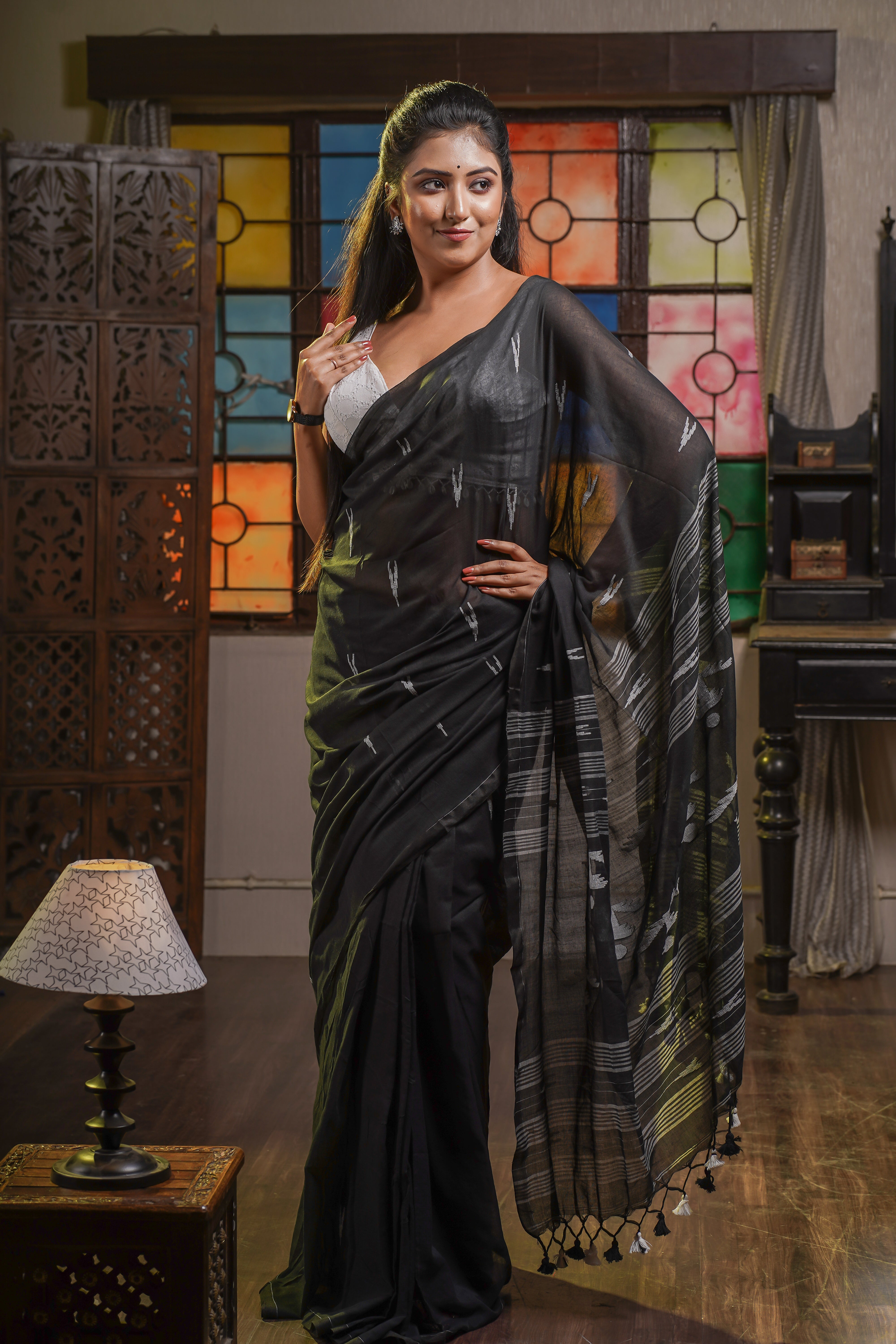 Black pure mul mul cotton hand weaving saree