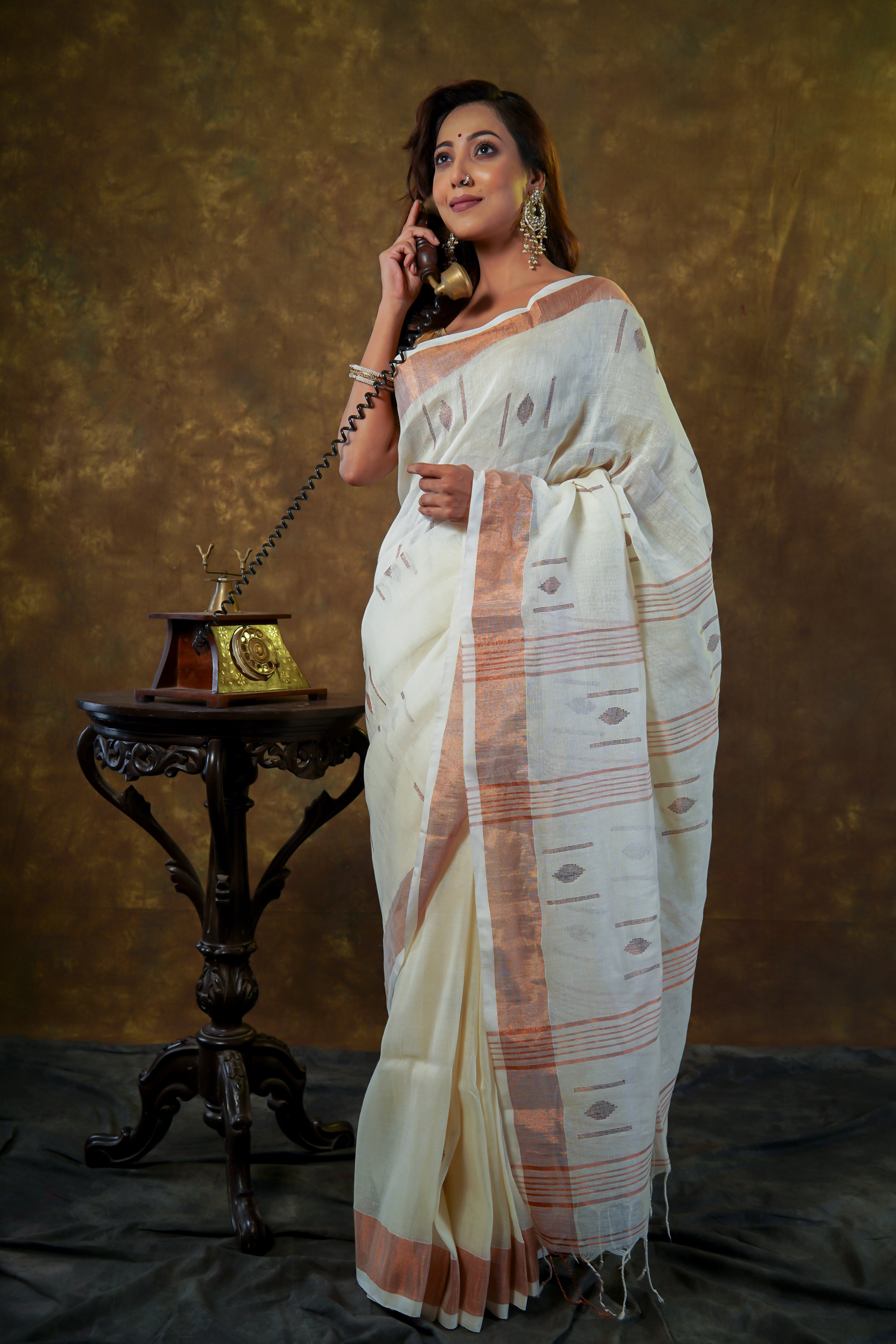 White pure linen hand woven saree