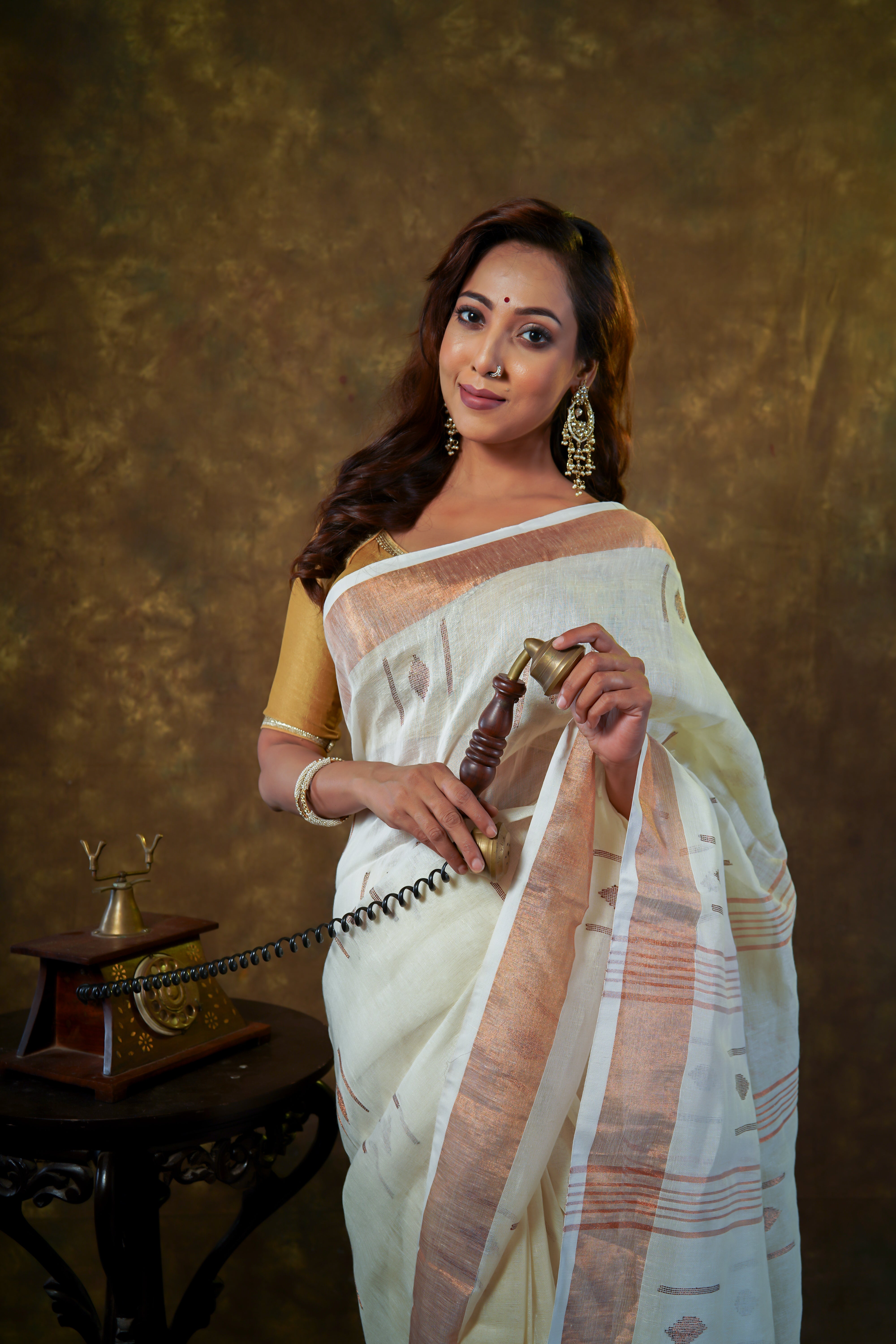 White pure linen hand woven saree