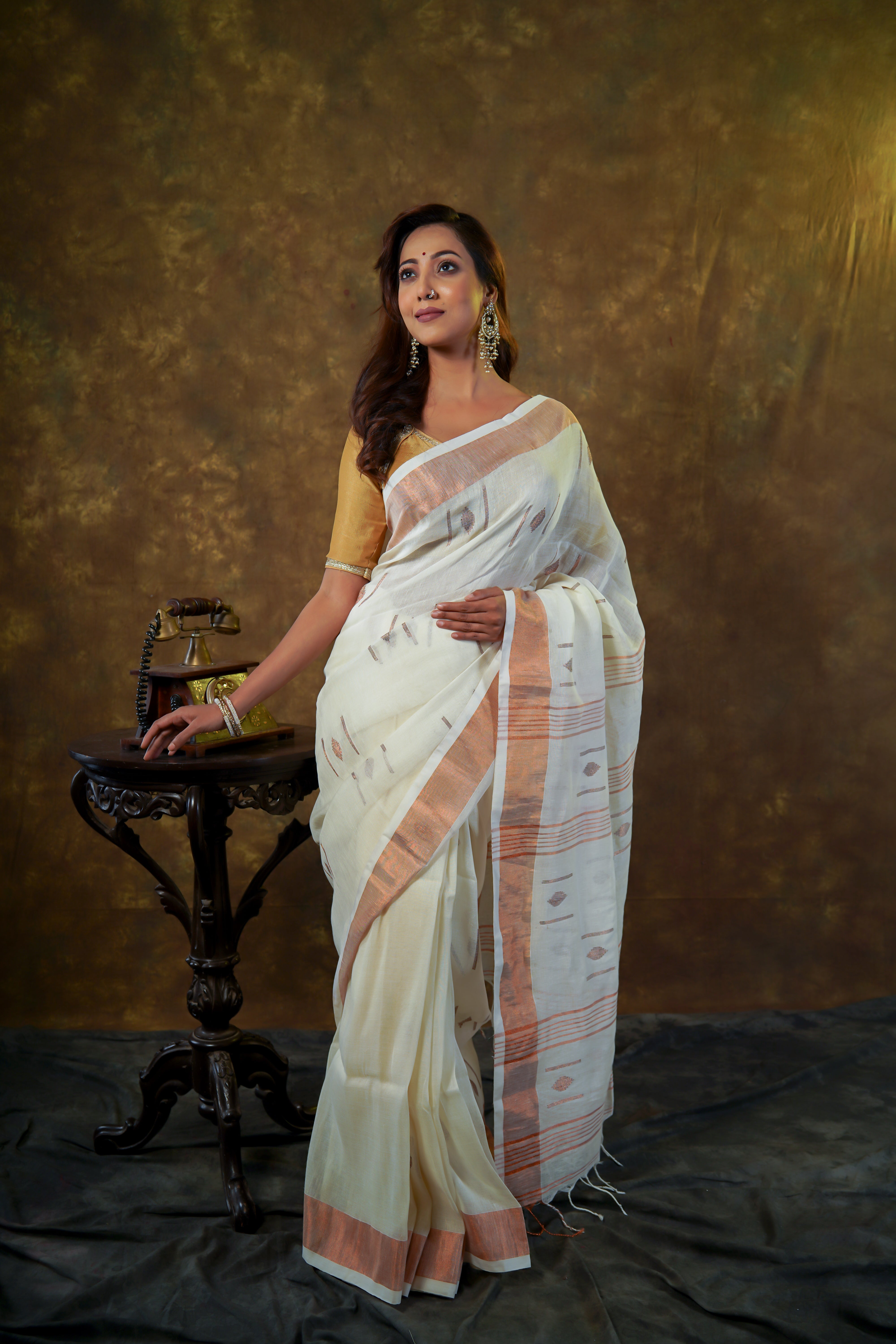 White pure linen hand woven saree