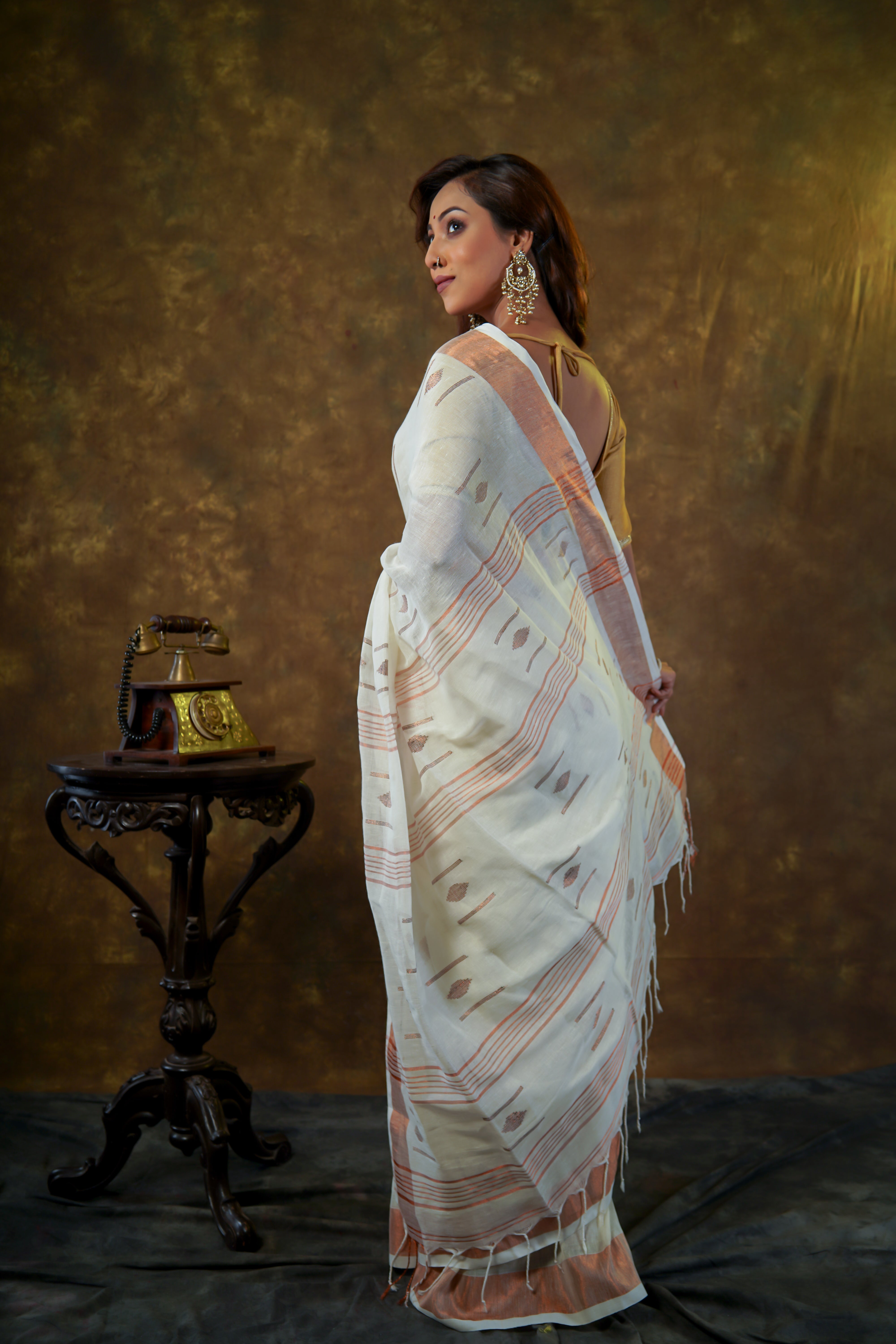 White pure linen hand woven saree