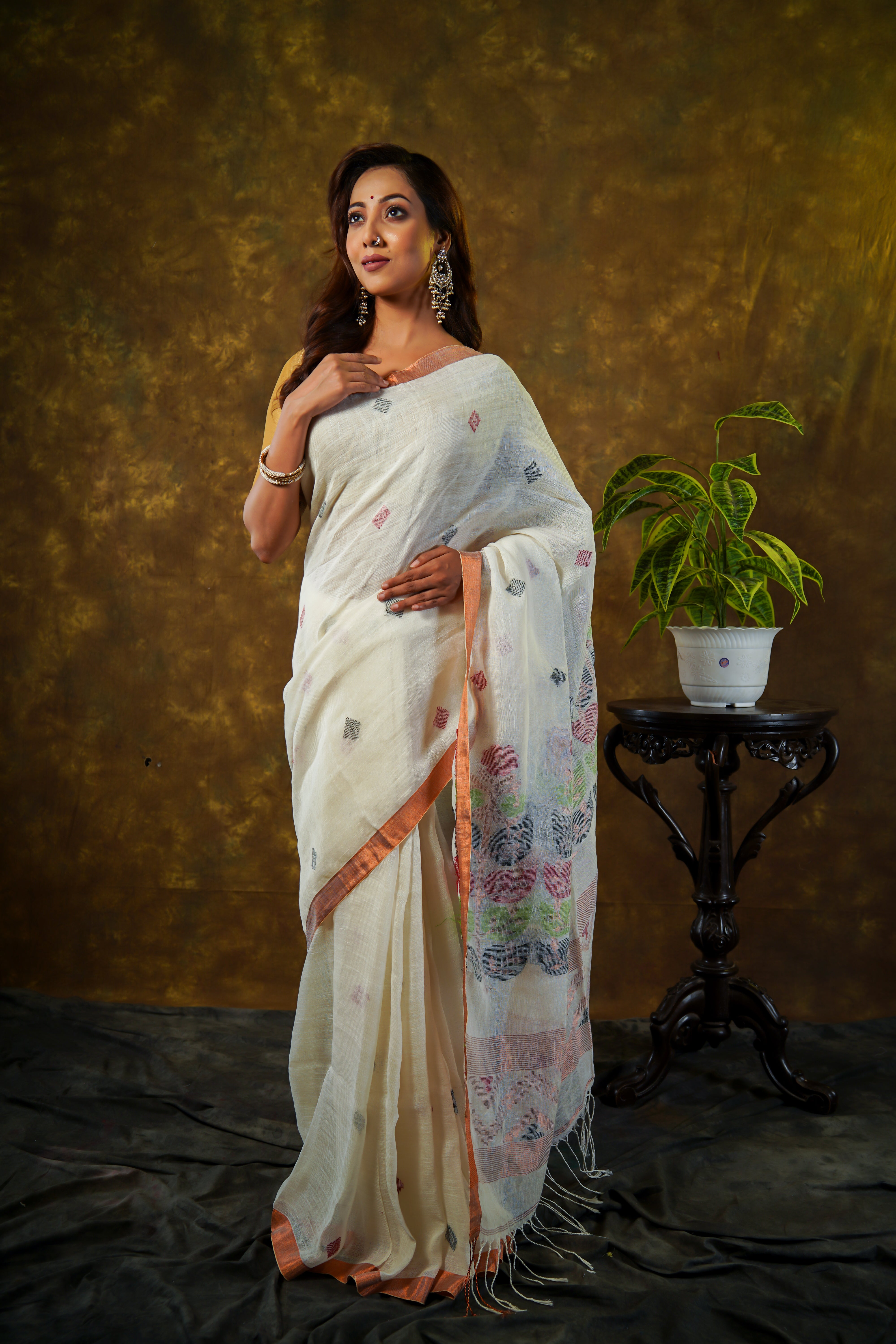 White floral pure linen handwoven saree