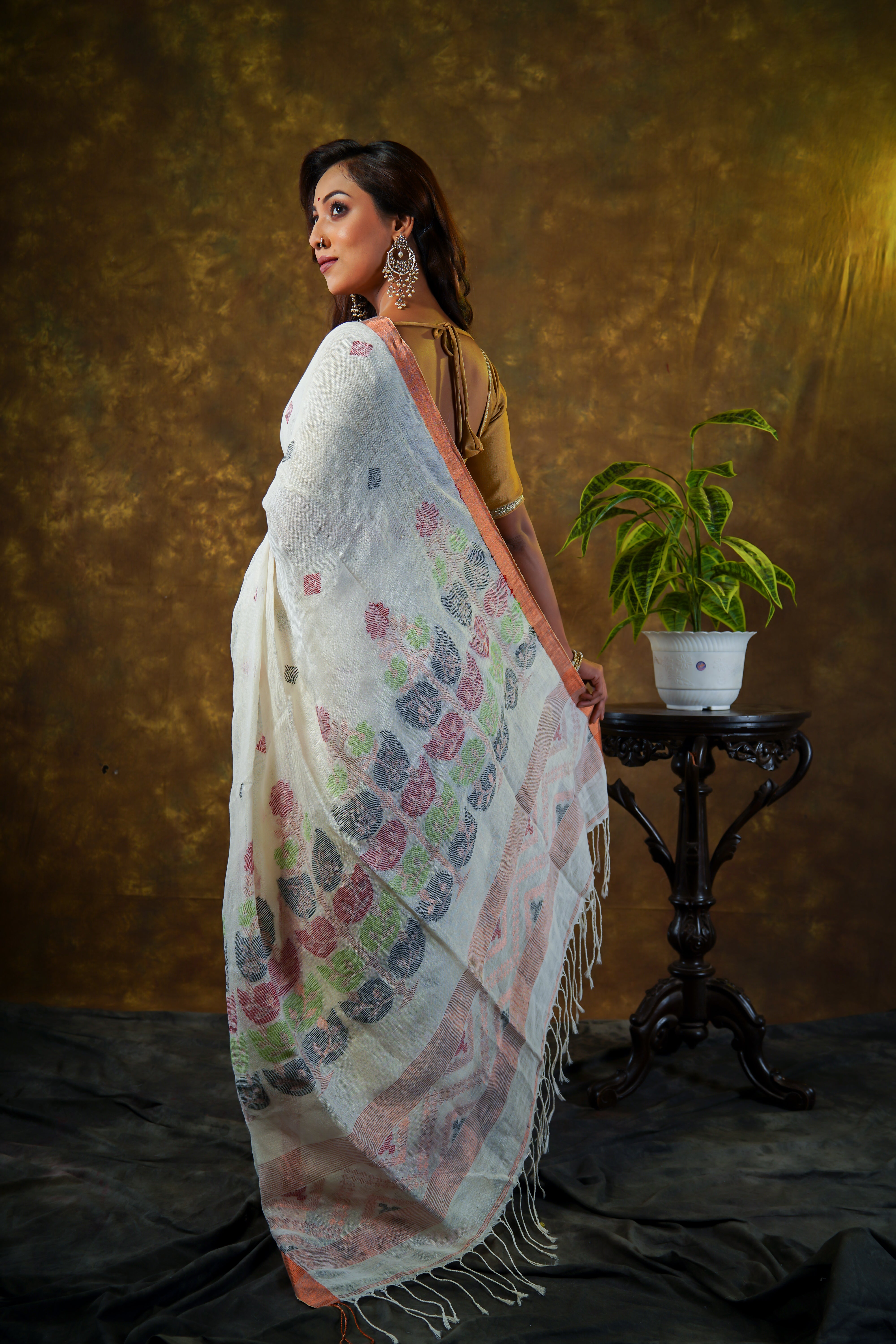 White floral pure linen handwoven saree