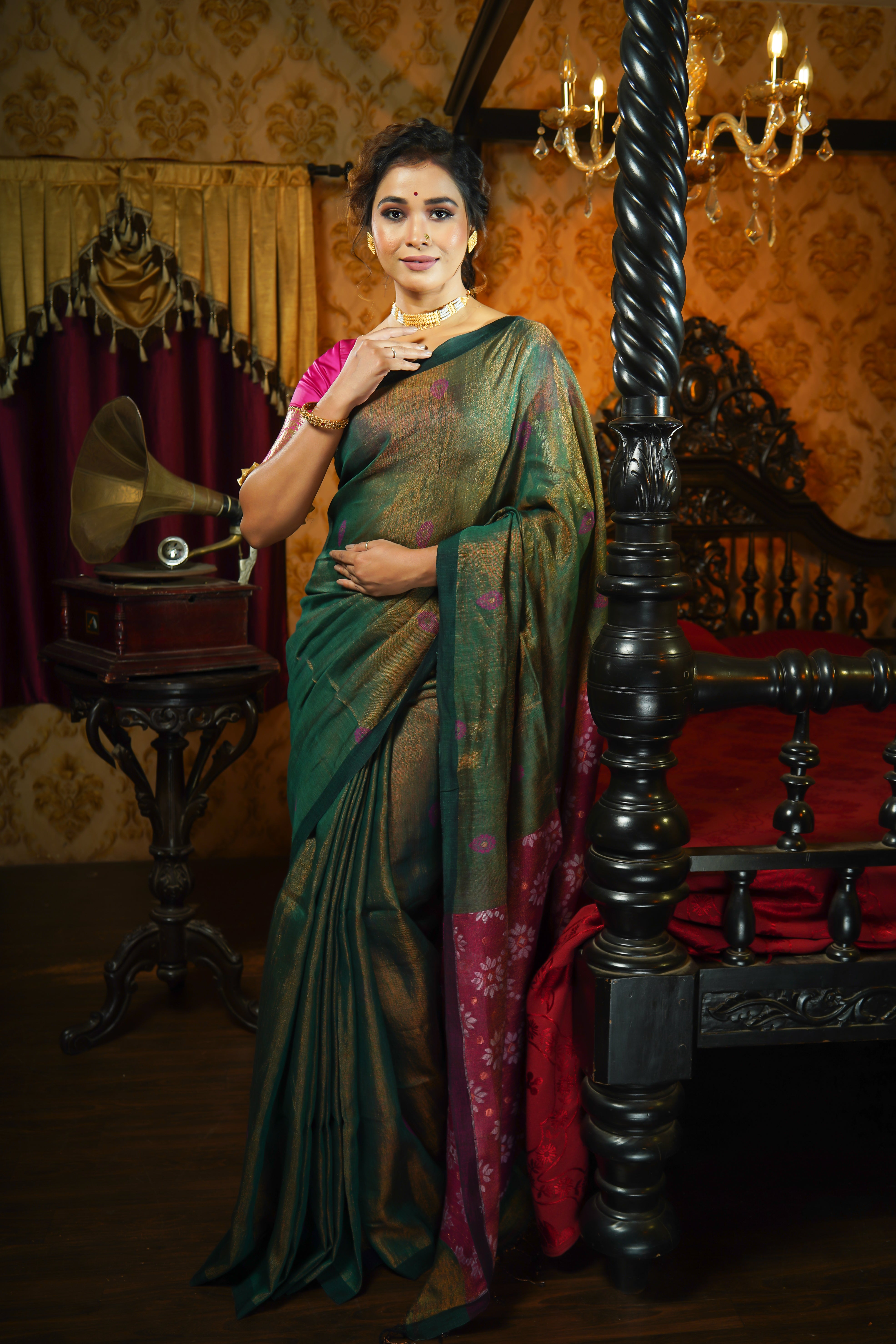 Dark Green Pure Tissue Mina Linen Handwoven Jamdani Saree