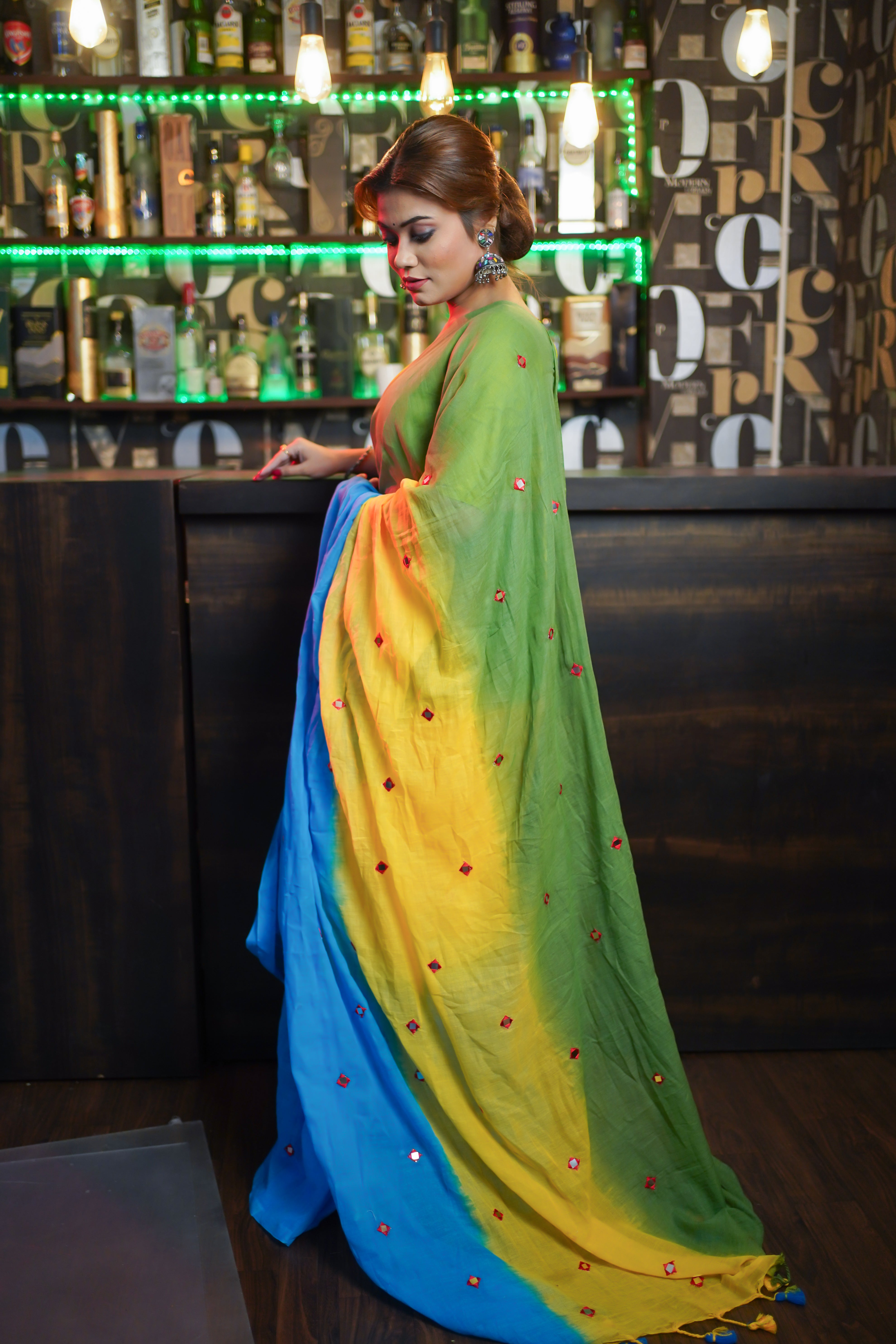 Multicolour pure mul cotton mirror work saree