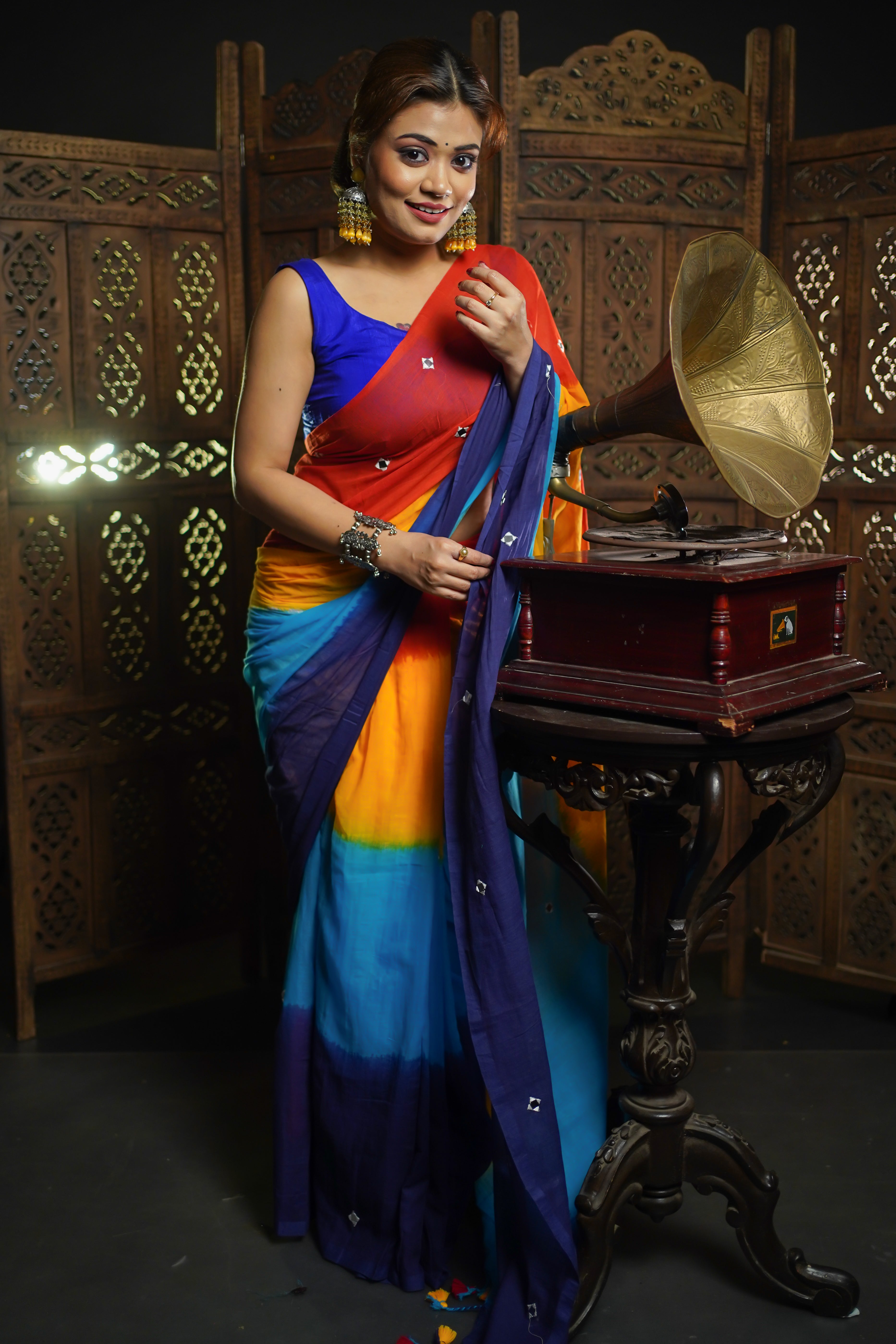 Multicolour pure mul cotton mirror work saree