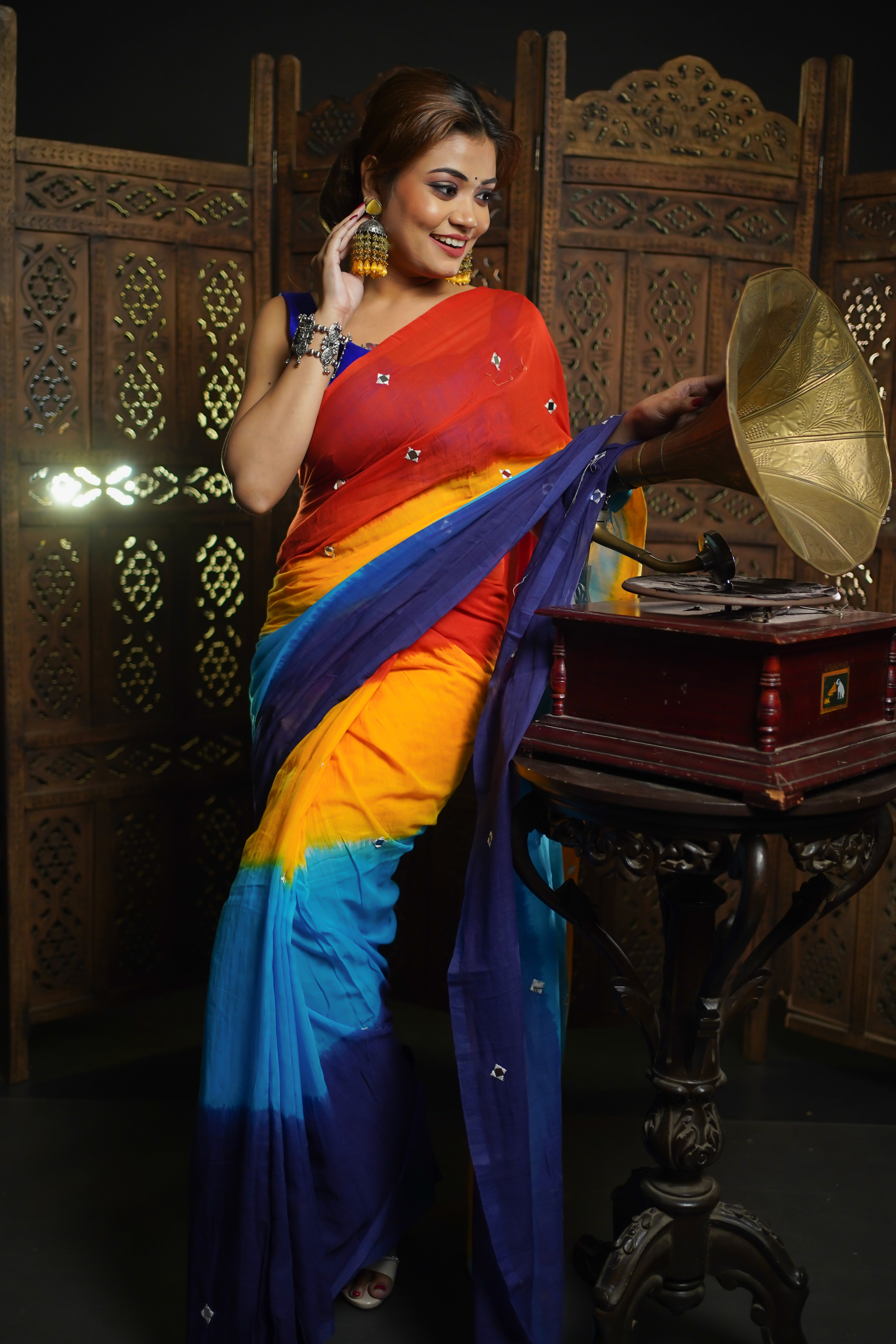 Multicolour pure mul cotton mirror work saree