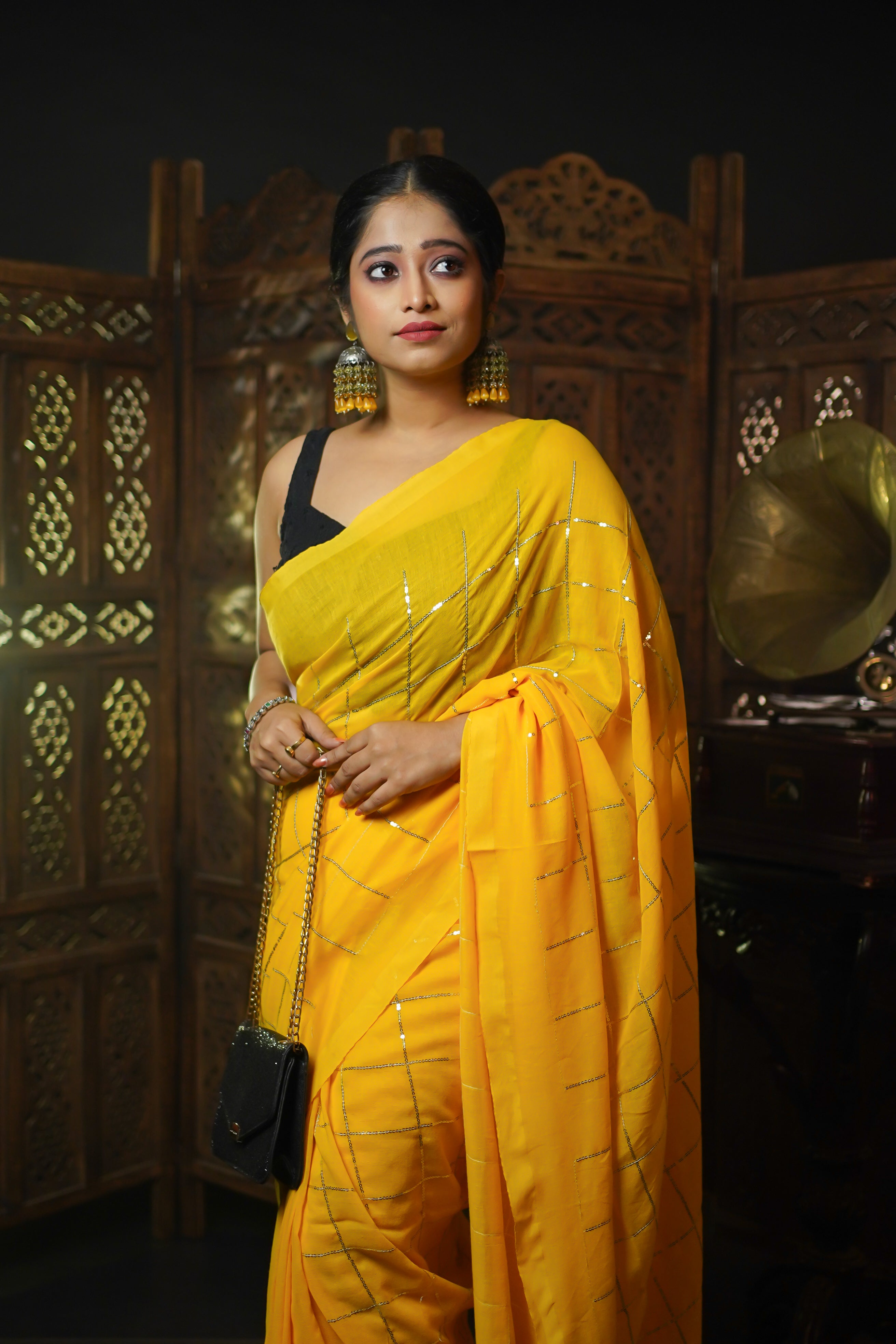 Yellow pure khadi cotton sequence work saree