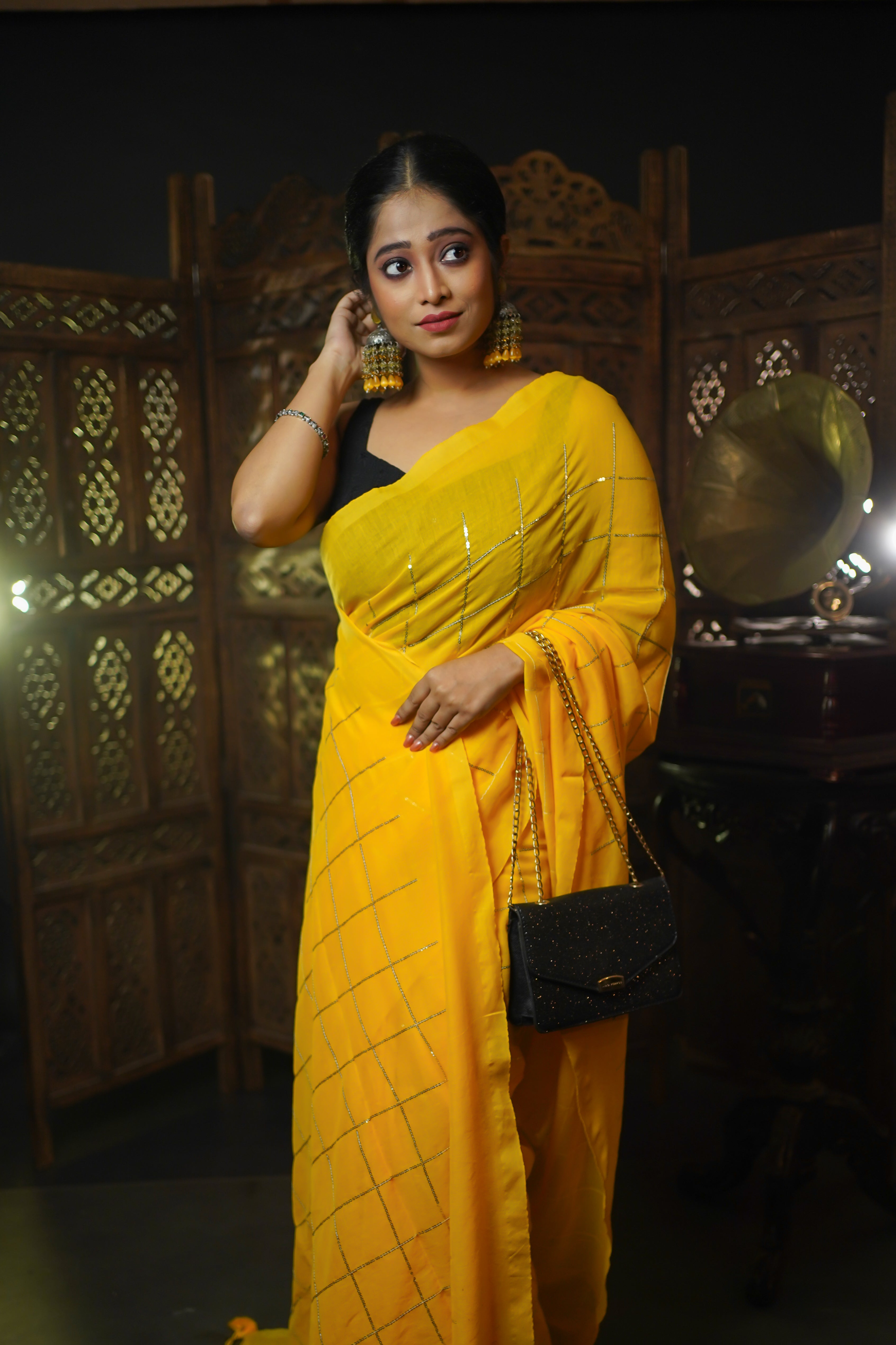 Yellow pure khadi cotton sequence work saree