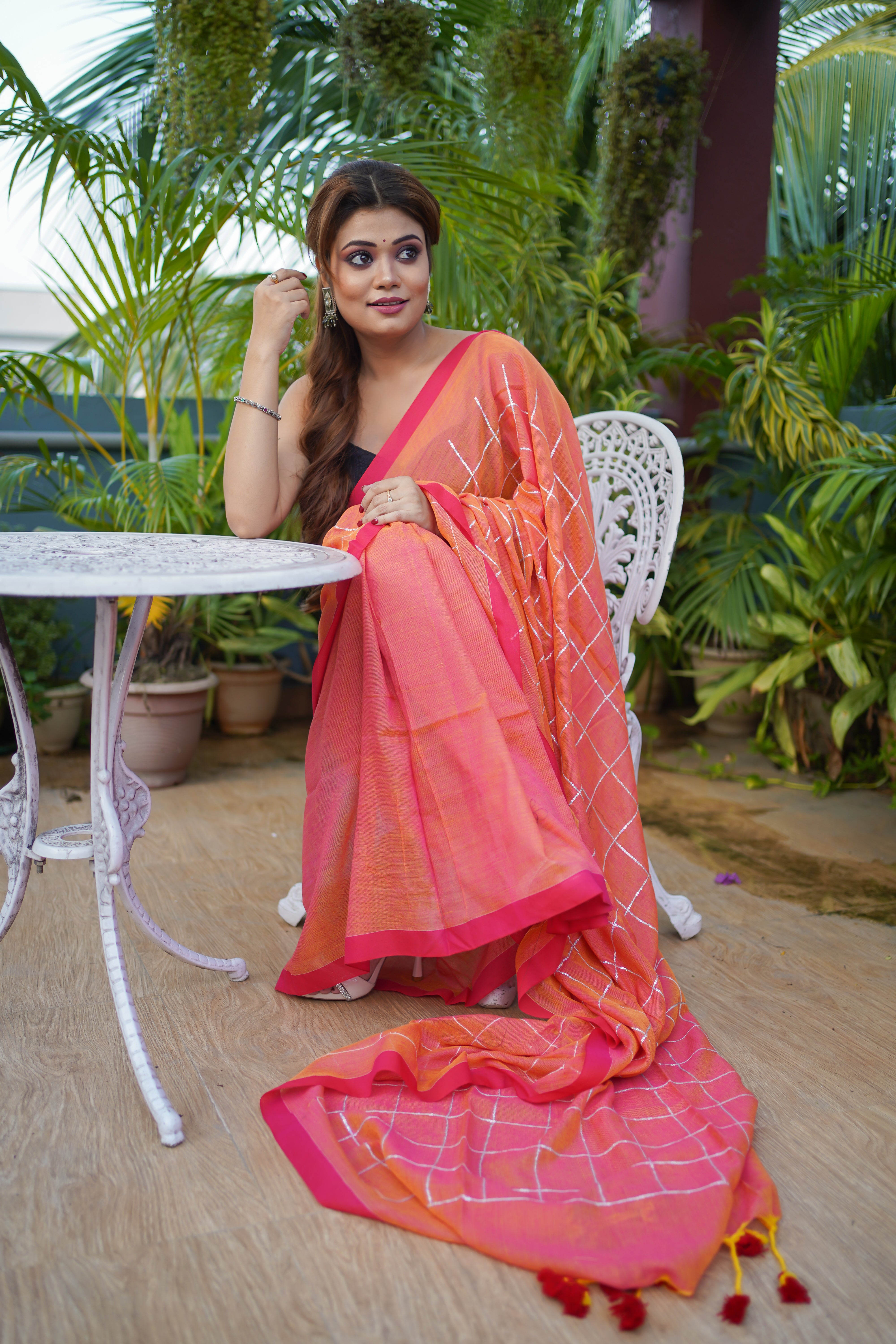 Peach pure khadi cotton sequence work saree