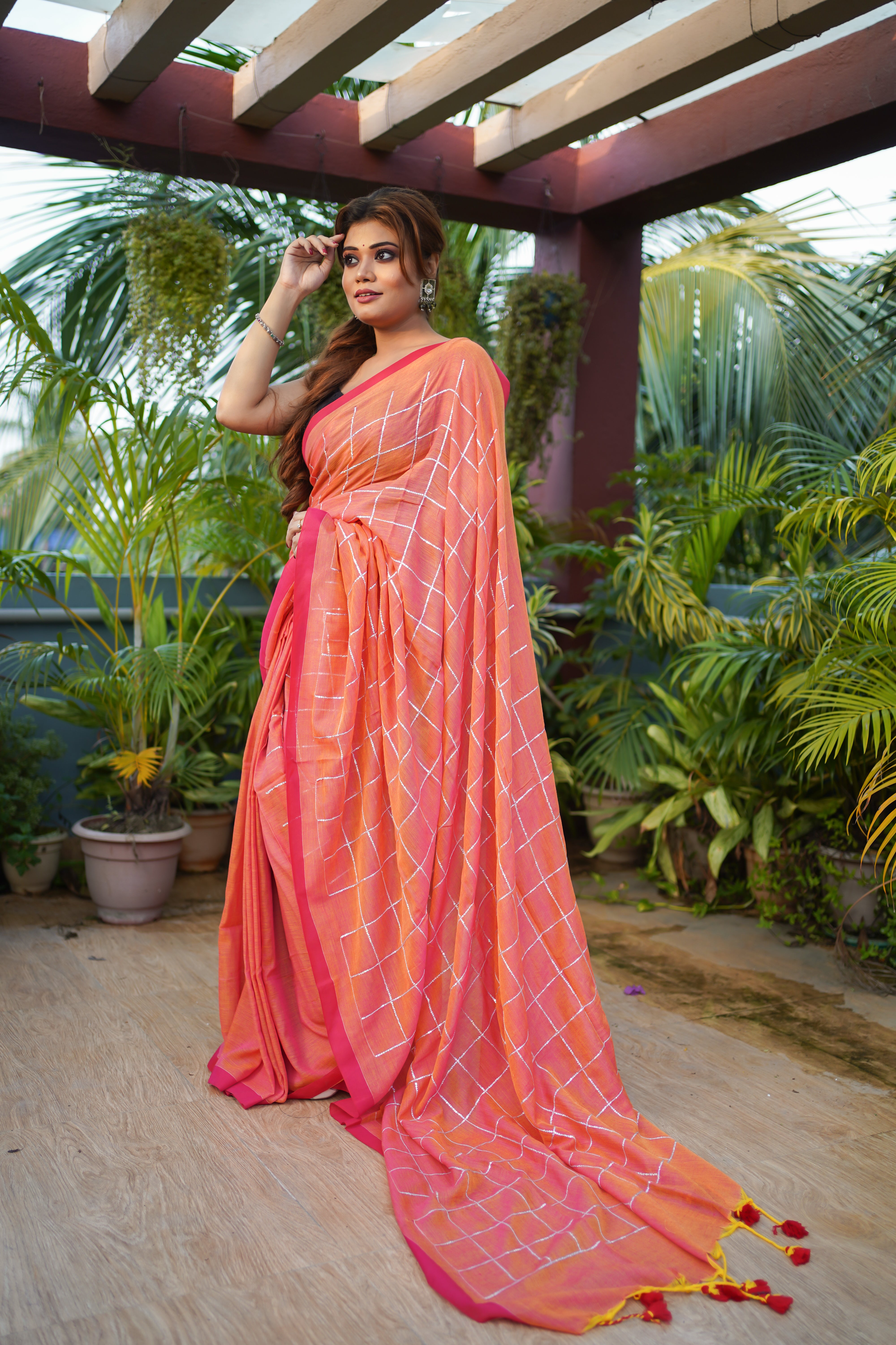 Peach pure khadi cotton sequence work saree