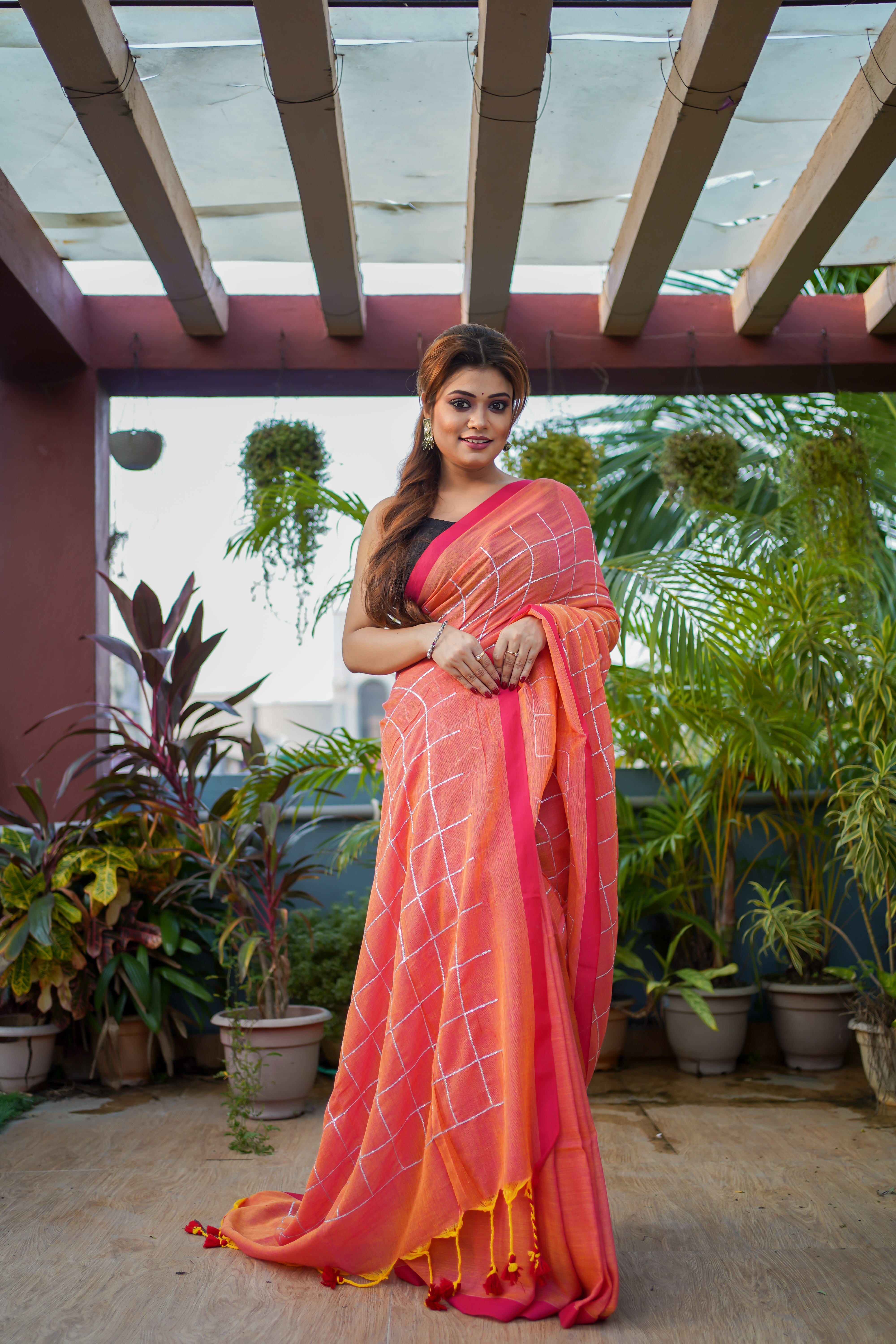 Peach pure khadi cotton sequence work saree