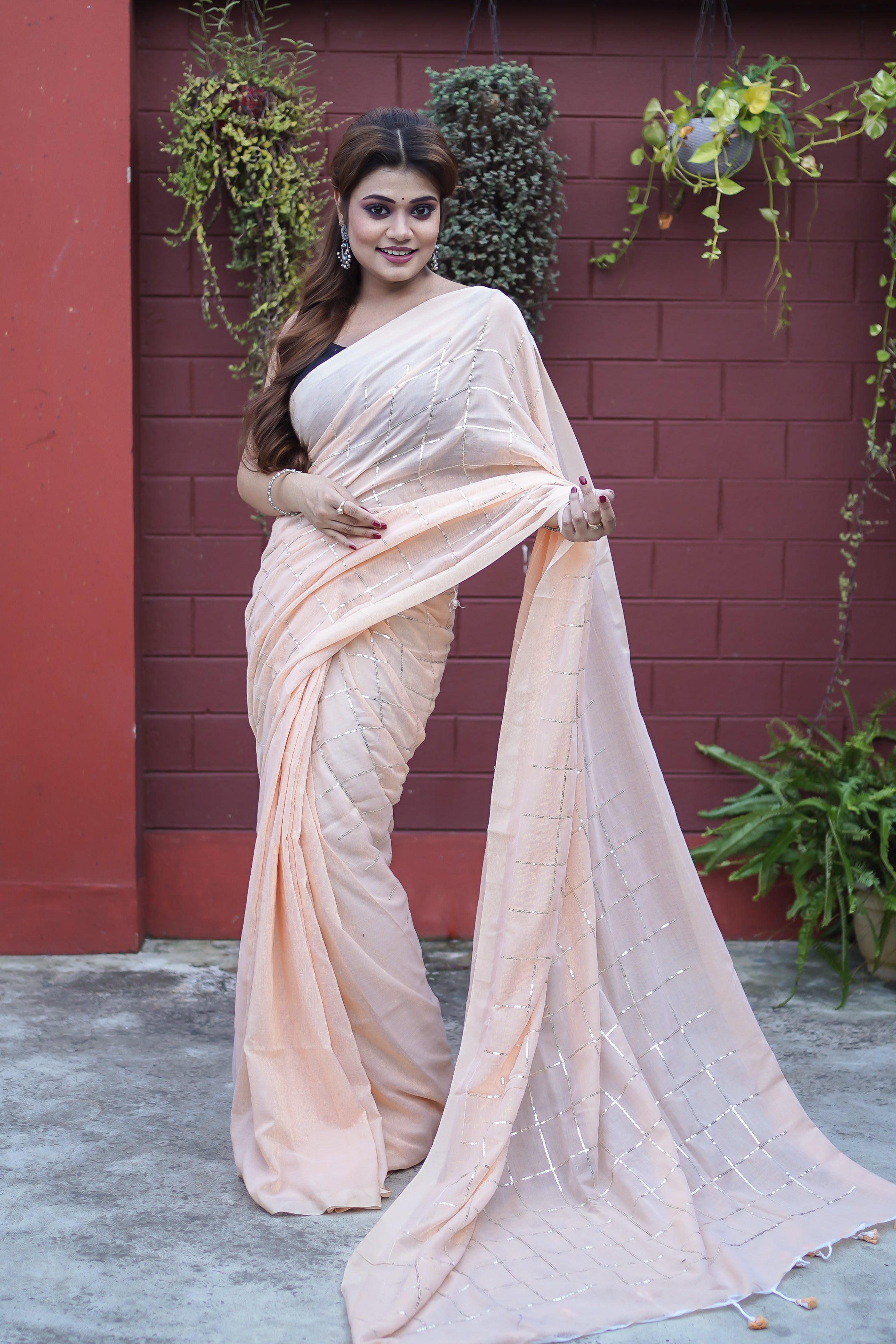 Almond pure khadi cotton sequence work saree