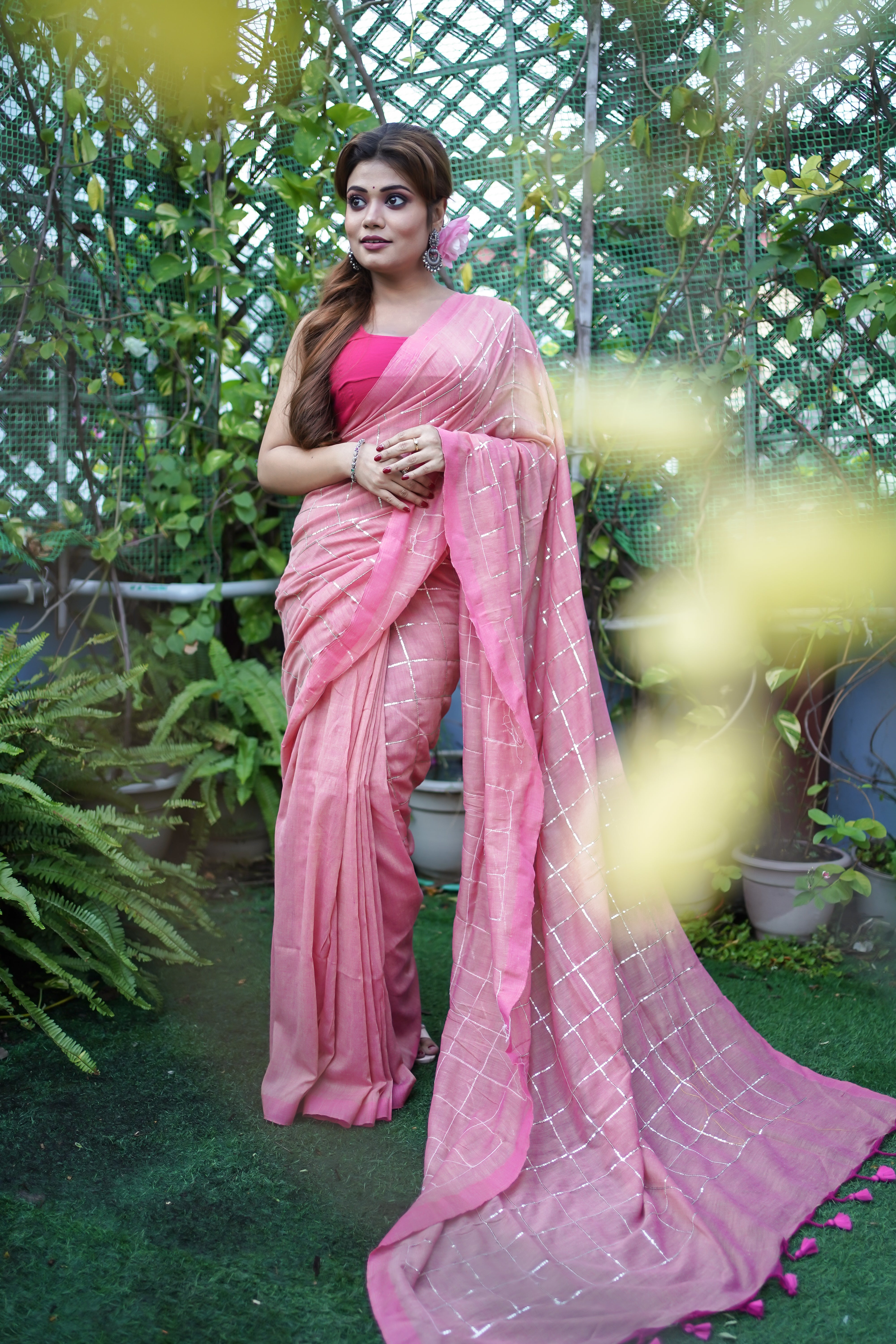 Pink pure khadi cotton sequence work saree