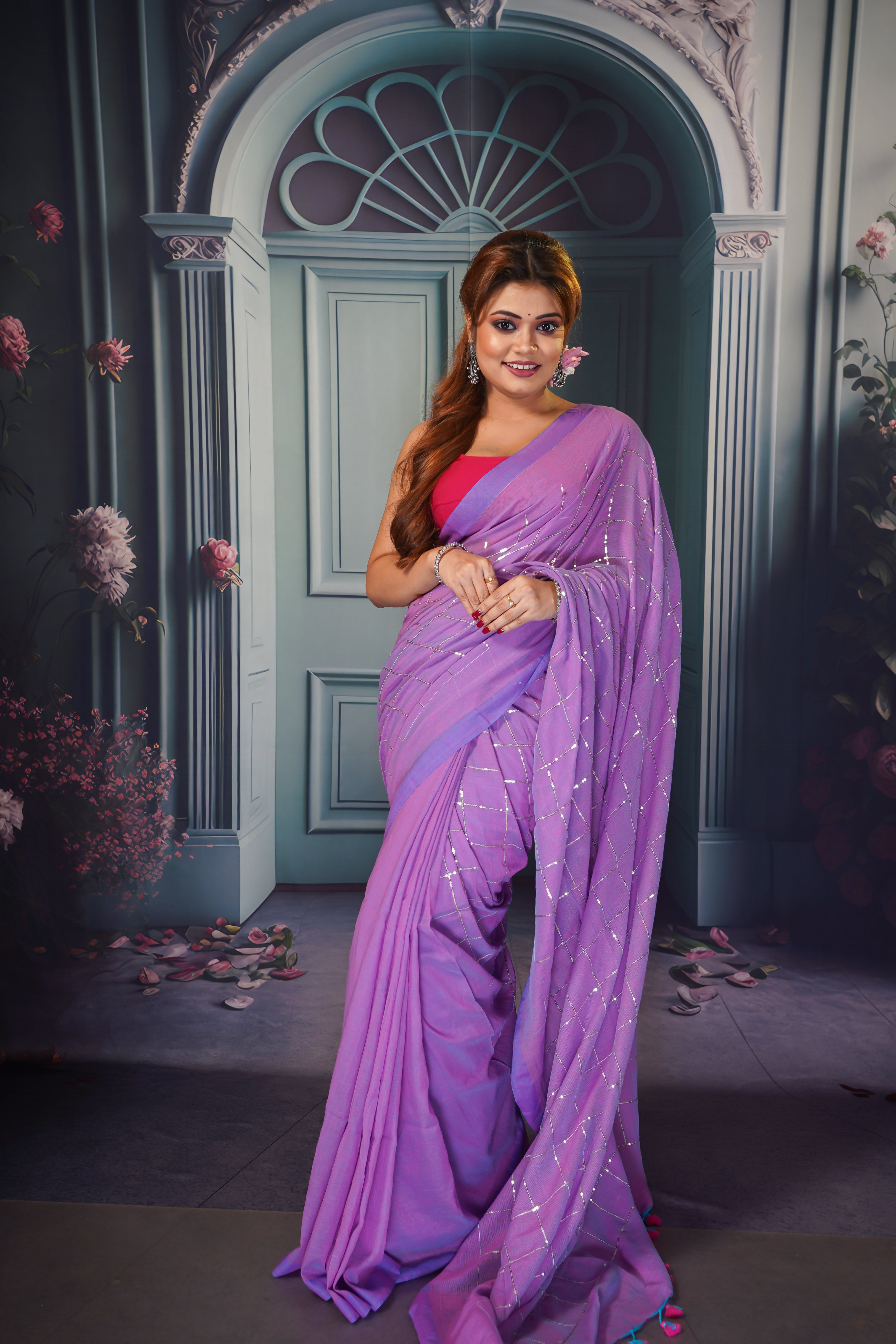 Sunset purple pure khadi cotton sequence work saree