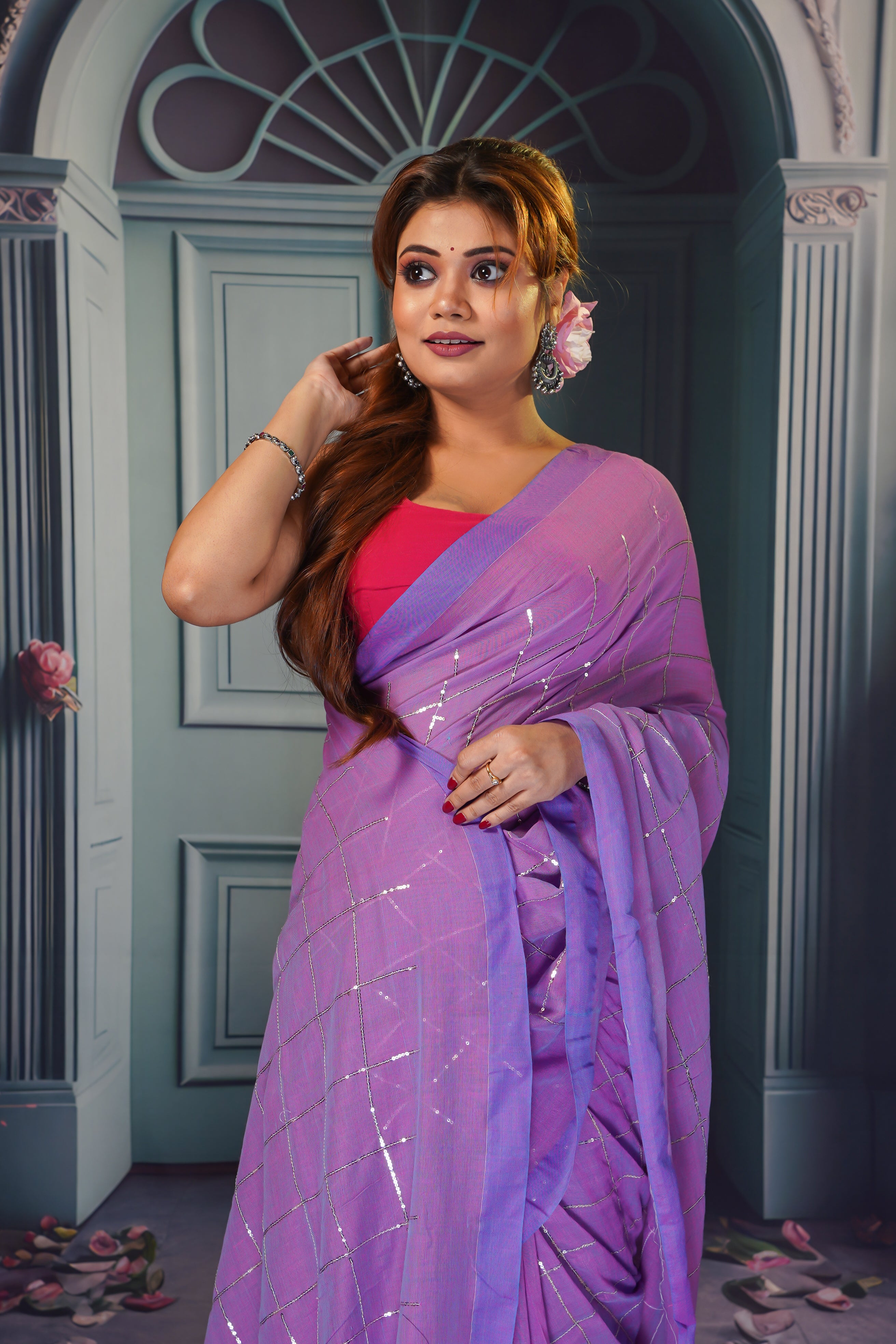 Sunset purple pure khadi cotton sequence work saree