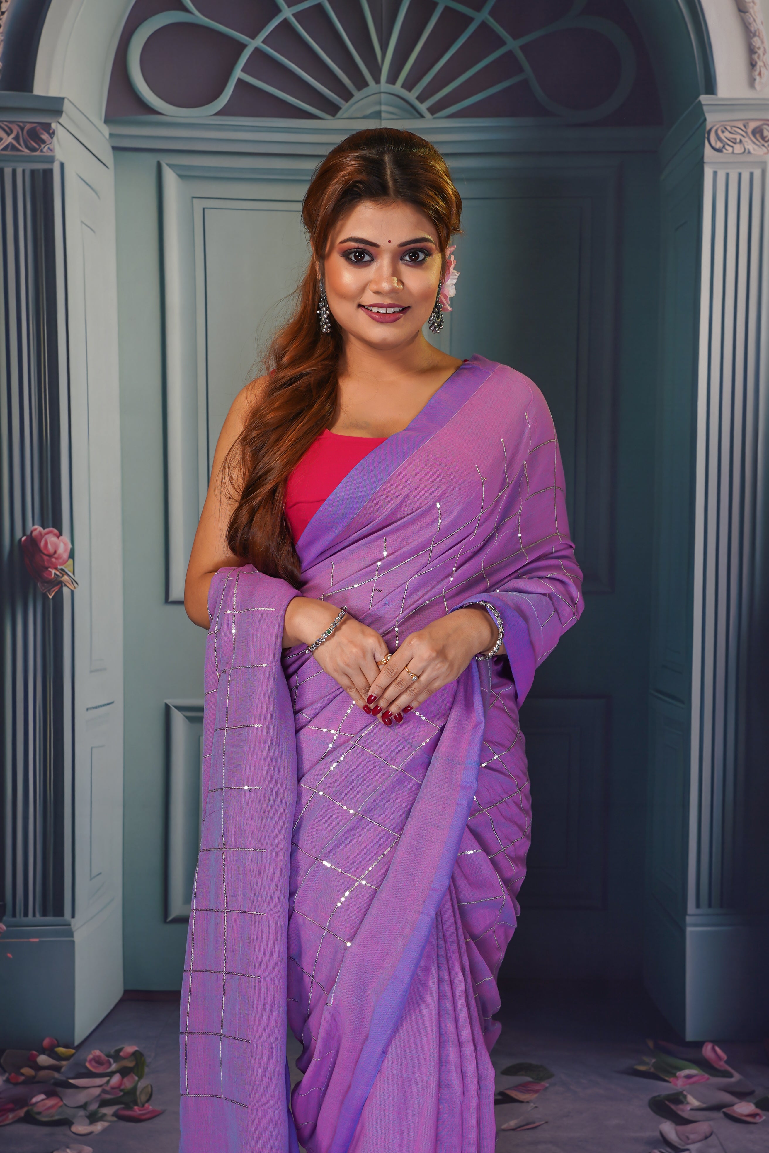 Sunset purple pure khadi cotton sequence work saree