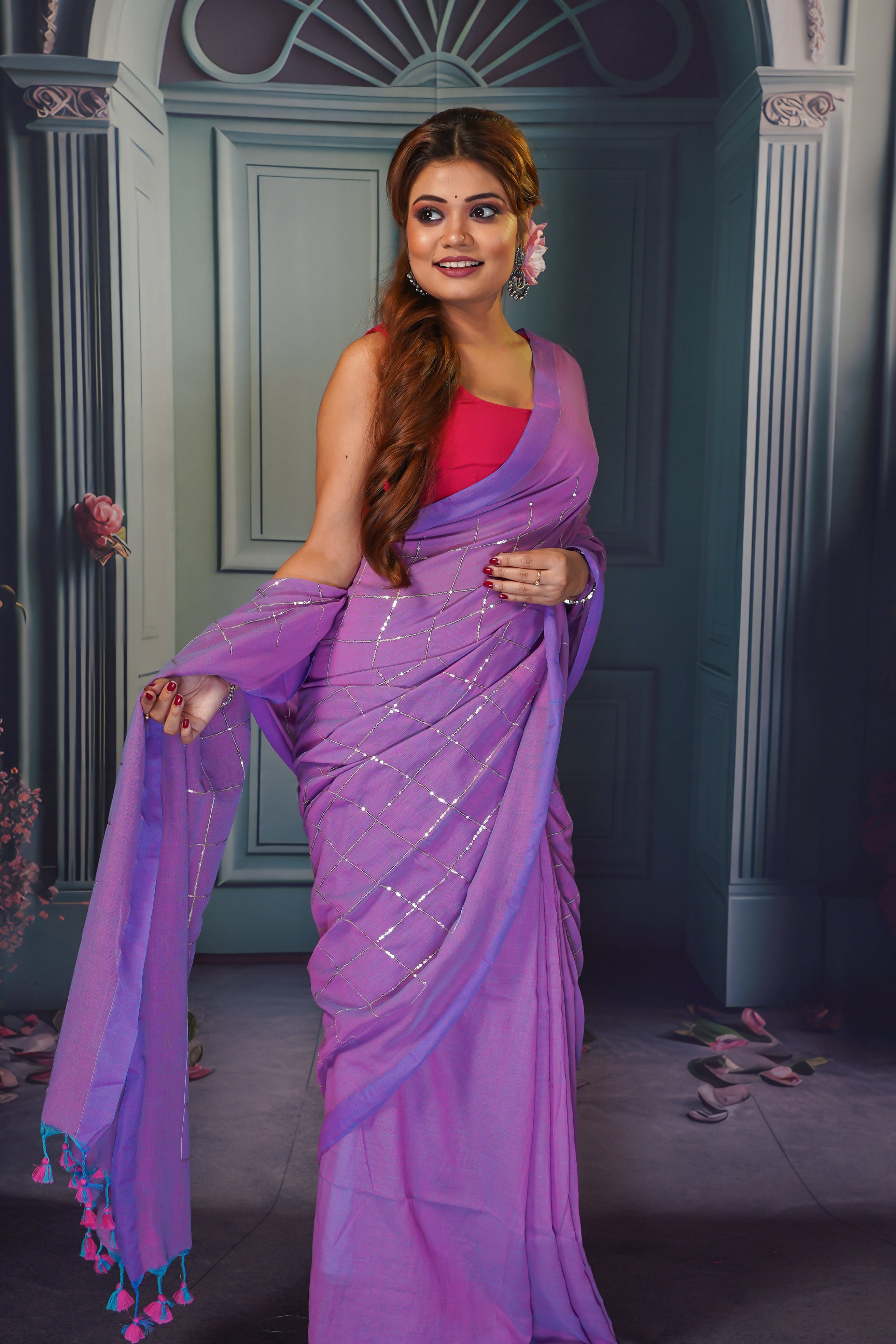 Sunset purple pure khadi cotton sequence work saree