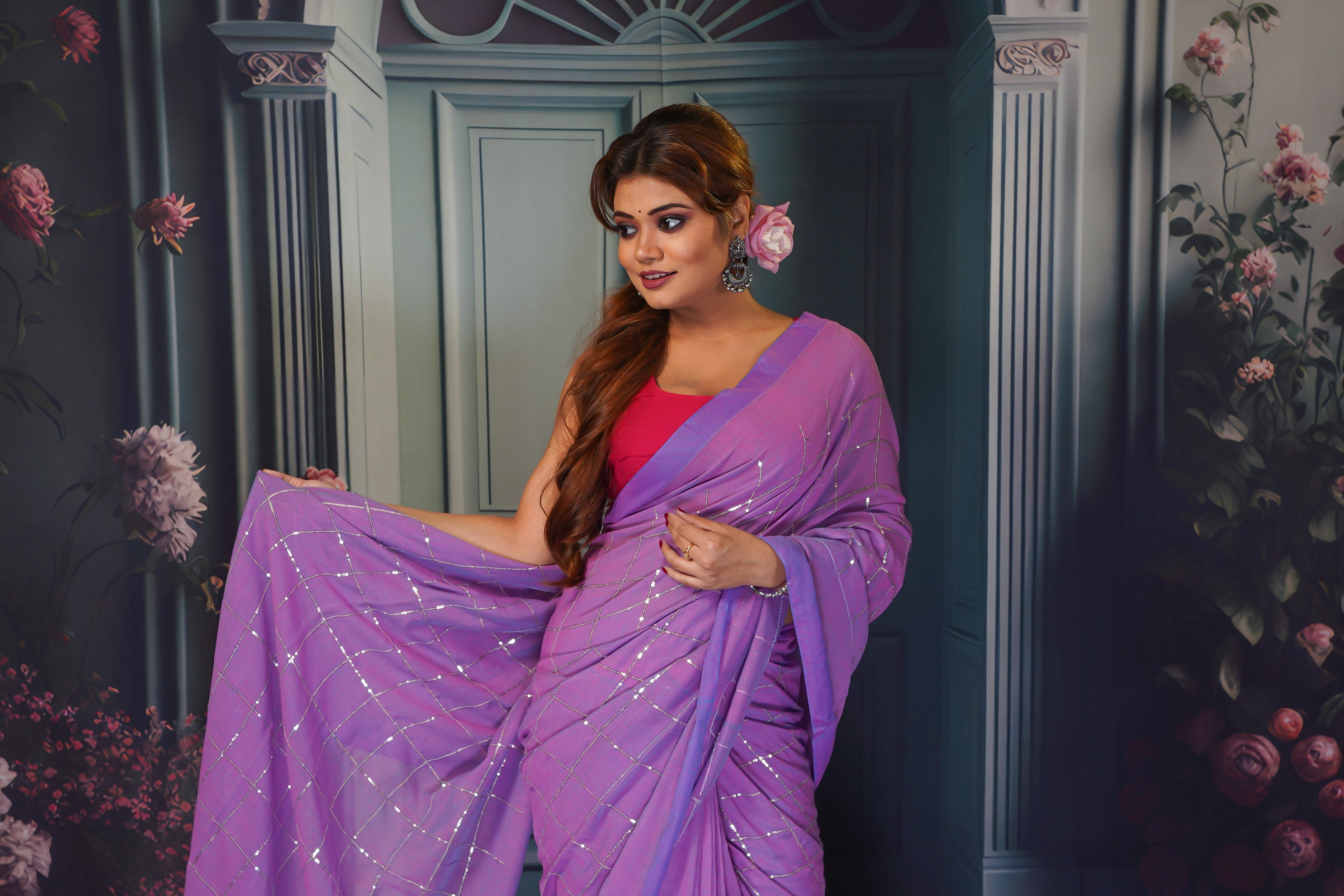 Sunset purple pure khadi cotton sequence work saree