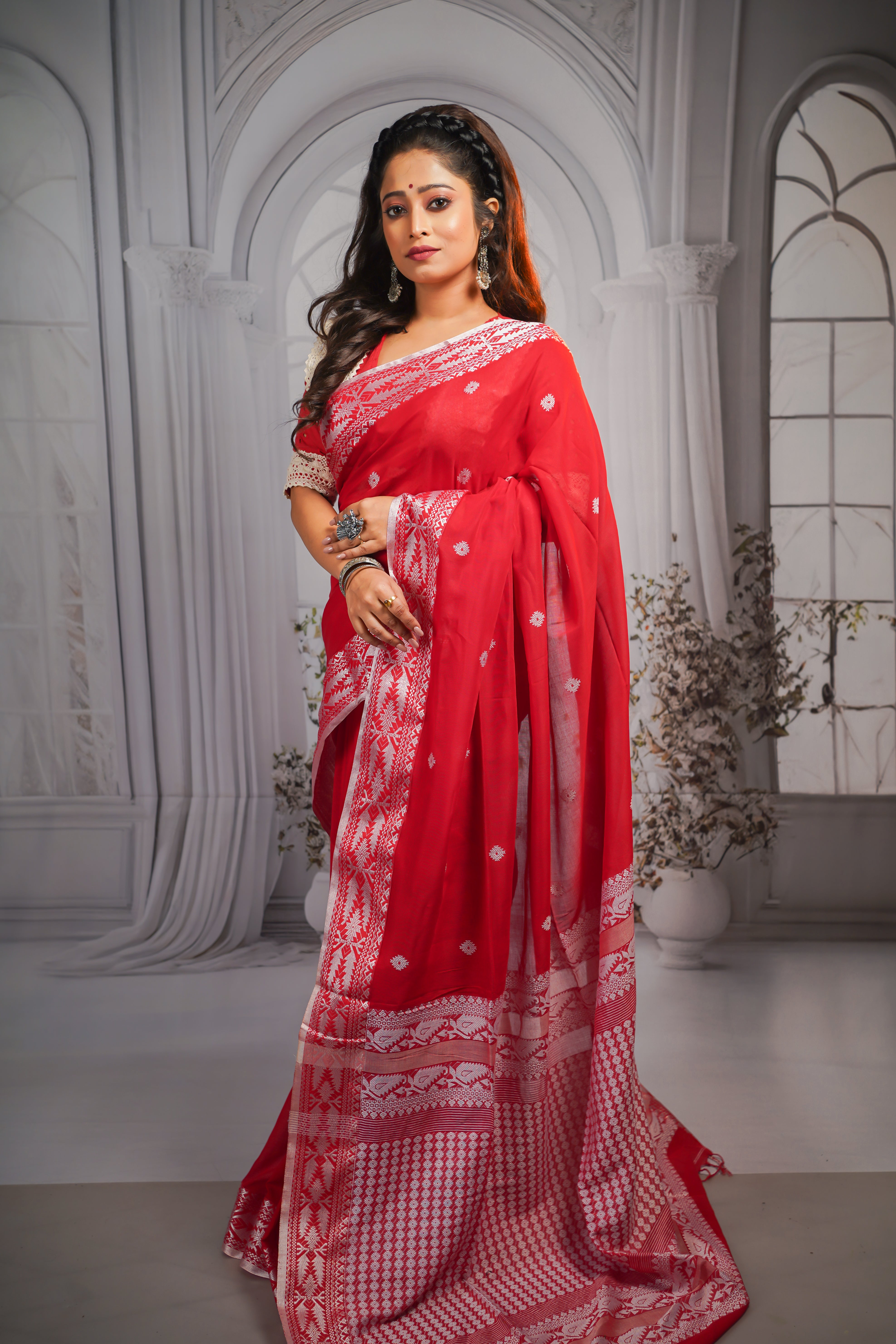 Red pure masrise cotton handwoven saree